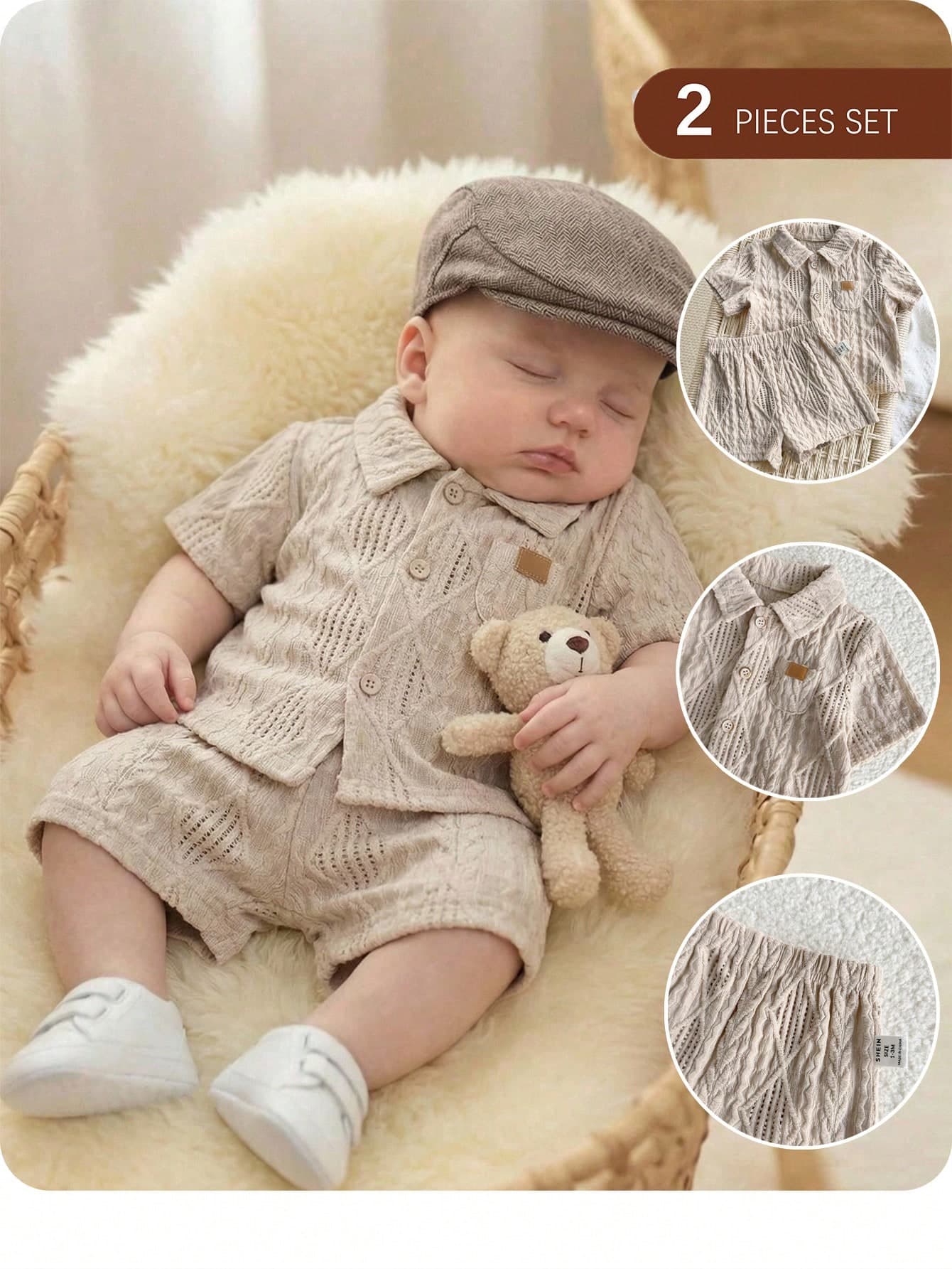SHEIN Newborn Baby Boy 2pcs Knit Jacquard Shirt & Shorts Set,Cute Summer Khaki Outfit For Birthday Party,Wedding,Baby Shower,Performance,Family Matching