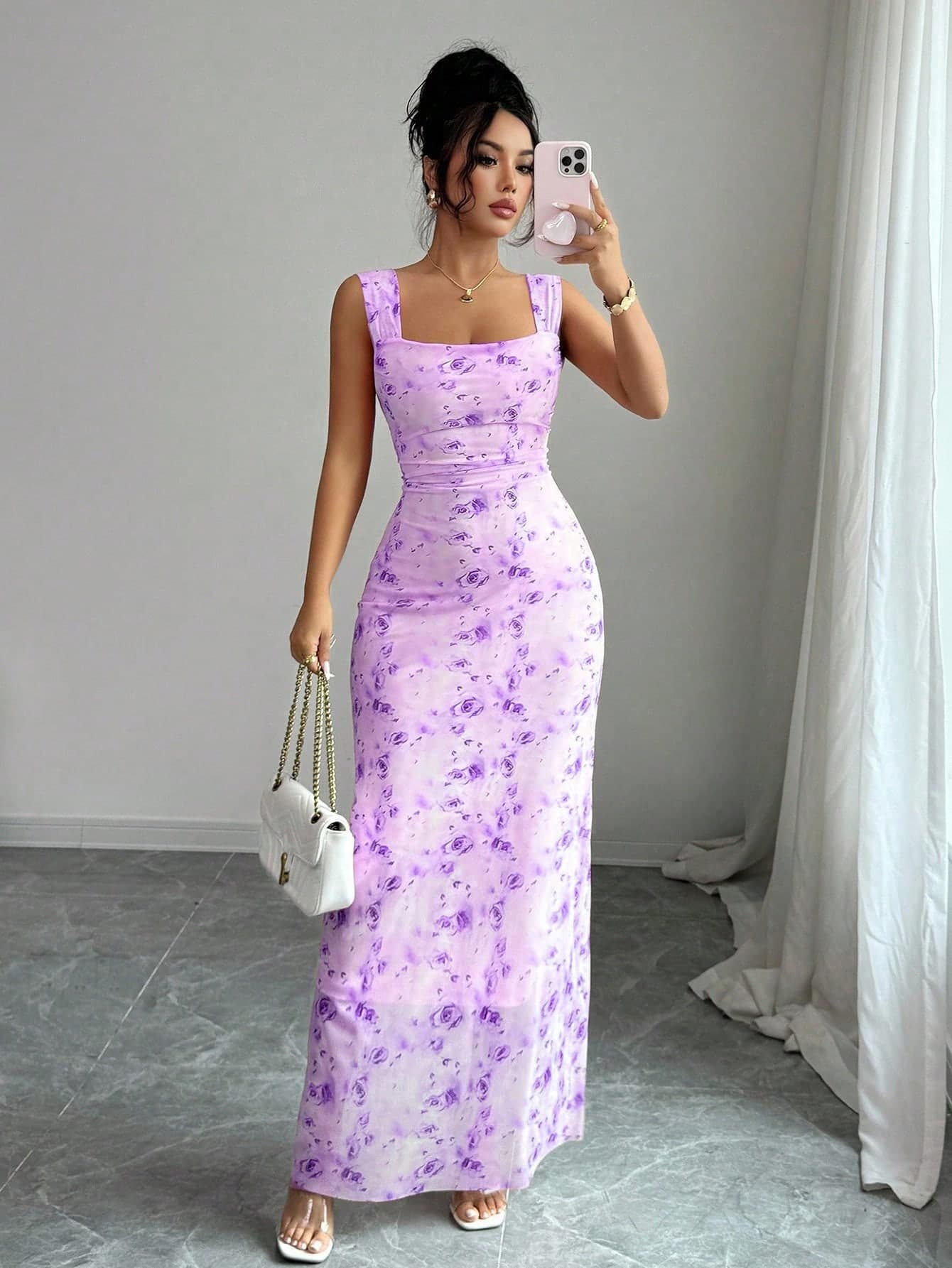 Elenzga Women's Floral Print Ruched Waist Elegant Long Dress, Suitable For Dates And Parties