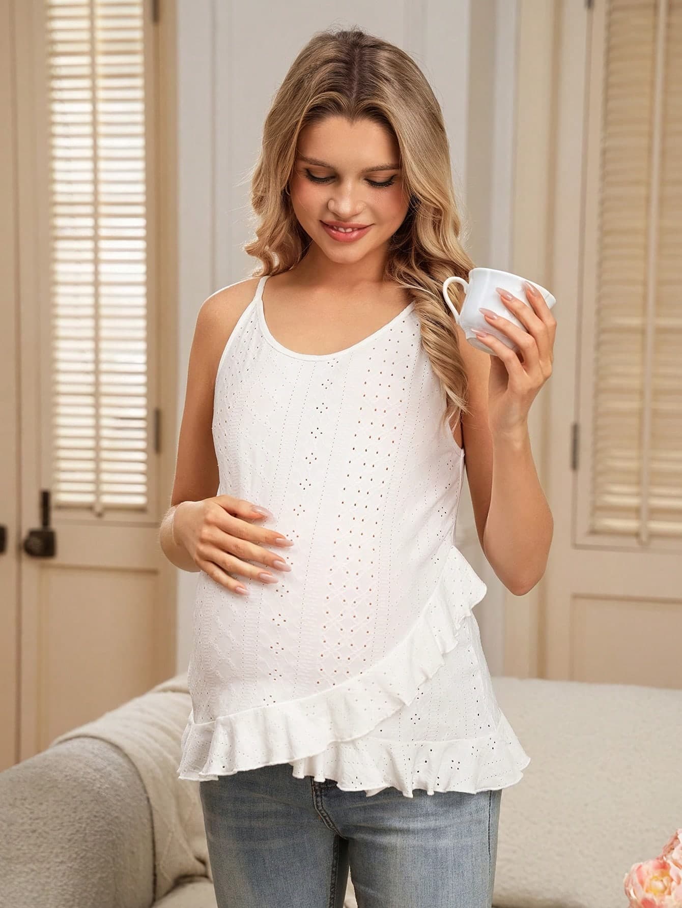 SHEIN Women's Elegant White Silky Summer Sleeveless Frill Trim Asymmetrical Hem Maternity Tank Top,Baby Shower Comfortable Labor & Delivery Wear Nightgown