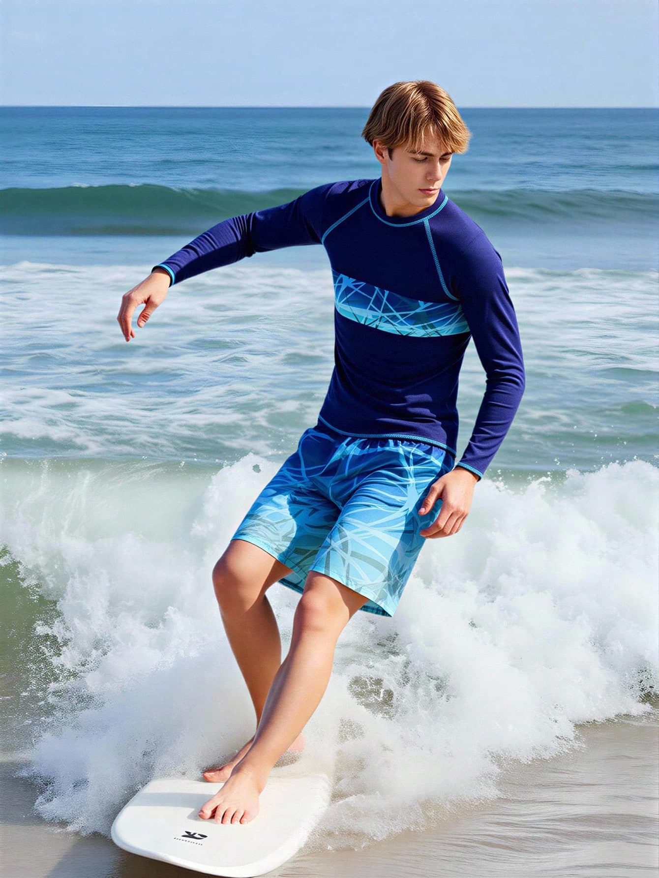 Teen Boys Swimwear,Navy Blue Geometric Knit Long Sleeve Rash Guard Top And Swim Trunks Set,Fashionable Summer Beach Holiday Pool Surf Clothes
