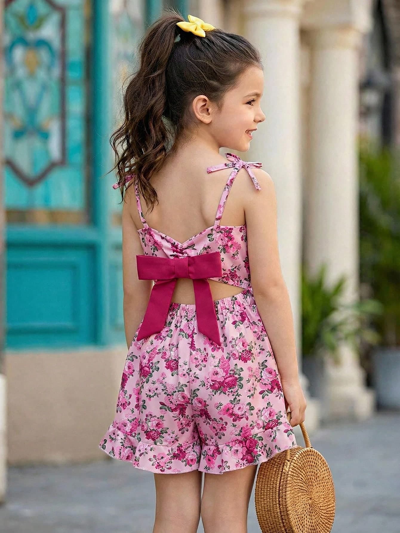 Young Girls Pink Ditsy Floral Print Jumpsuit,Butterfly Decor Kids Romper For Summer Holiday Family Vacation,Matching Summer Outfits Girls Playsuit