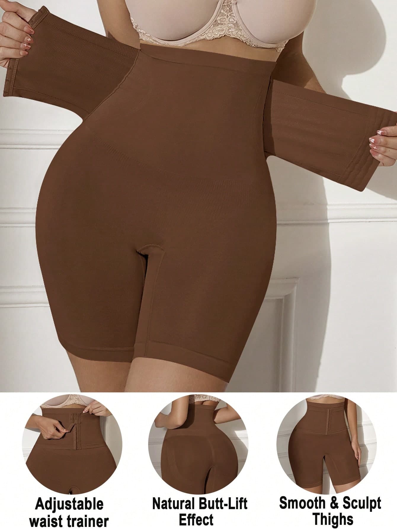 One-Piece High-Waisted Seamless Shaping Pants, Front Hook And Loop, Plus Size Shaping Pants, Brown Shapewear, Plus Size Shapewear, Adjustable.