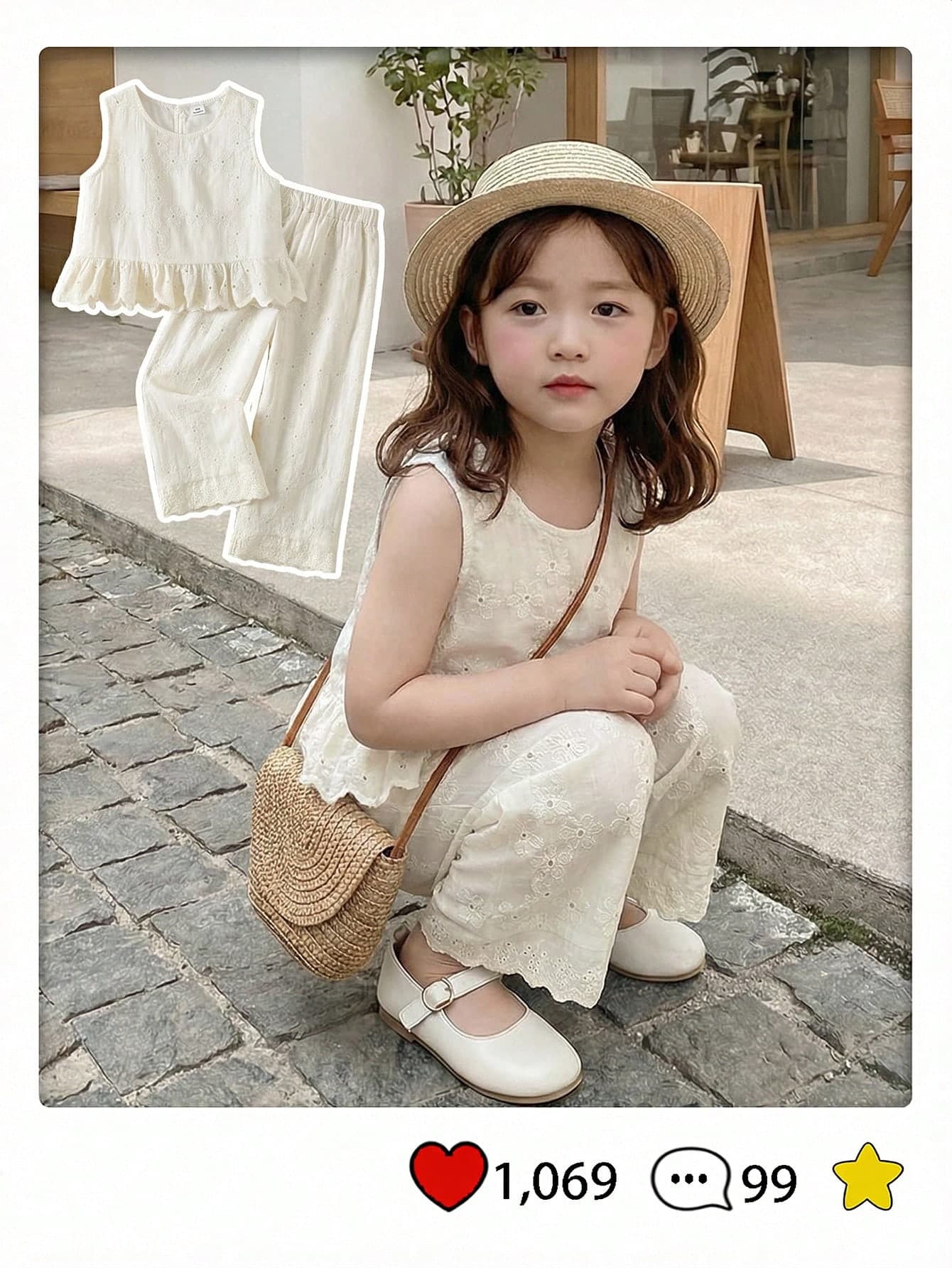 Souflis Souflis Girls' Sleeveless Top&Wide-Leg Pants Set,Embroidered Photo Frame,Summer Matching Family Vacation Holiday,High-End Casual Leisure Fashionable Outfits