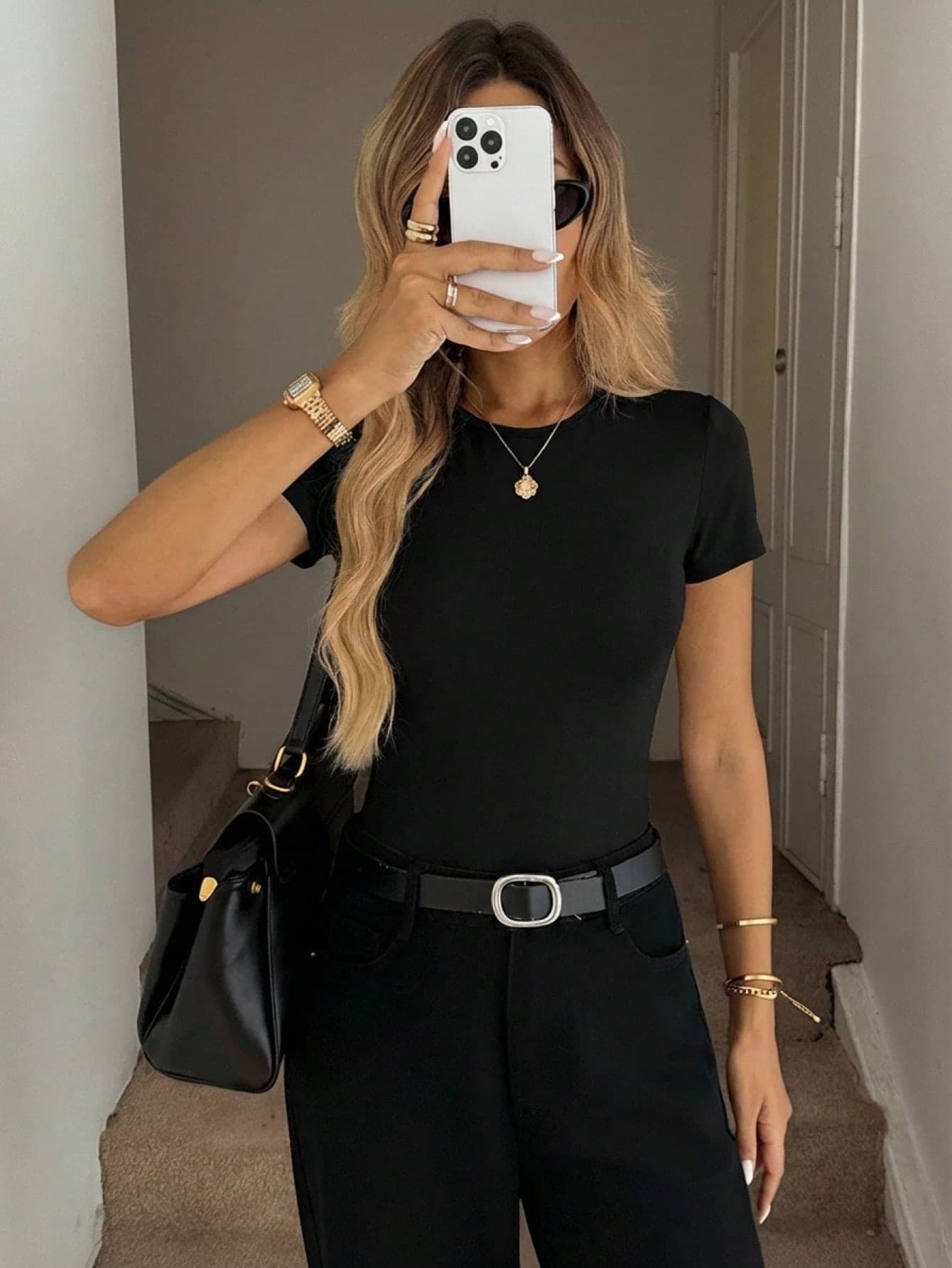 Easowa Black Round Neck All-Match Fitted Short Sleeve T-Shirt, Versatile For Spring/Summer,Summer Top