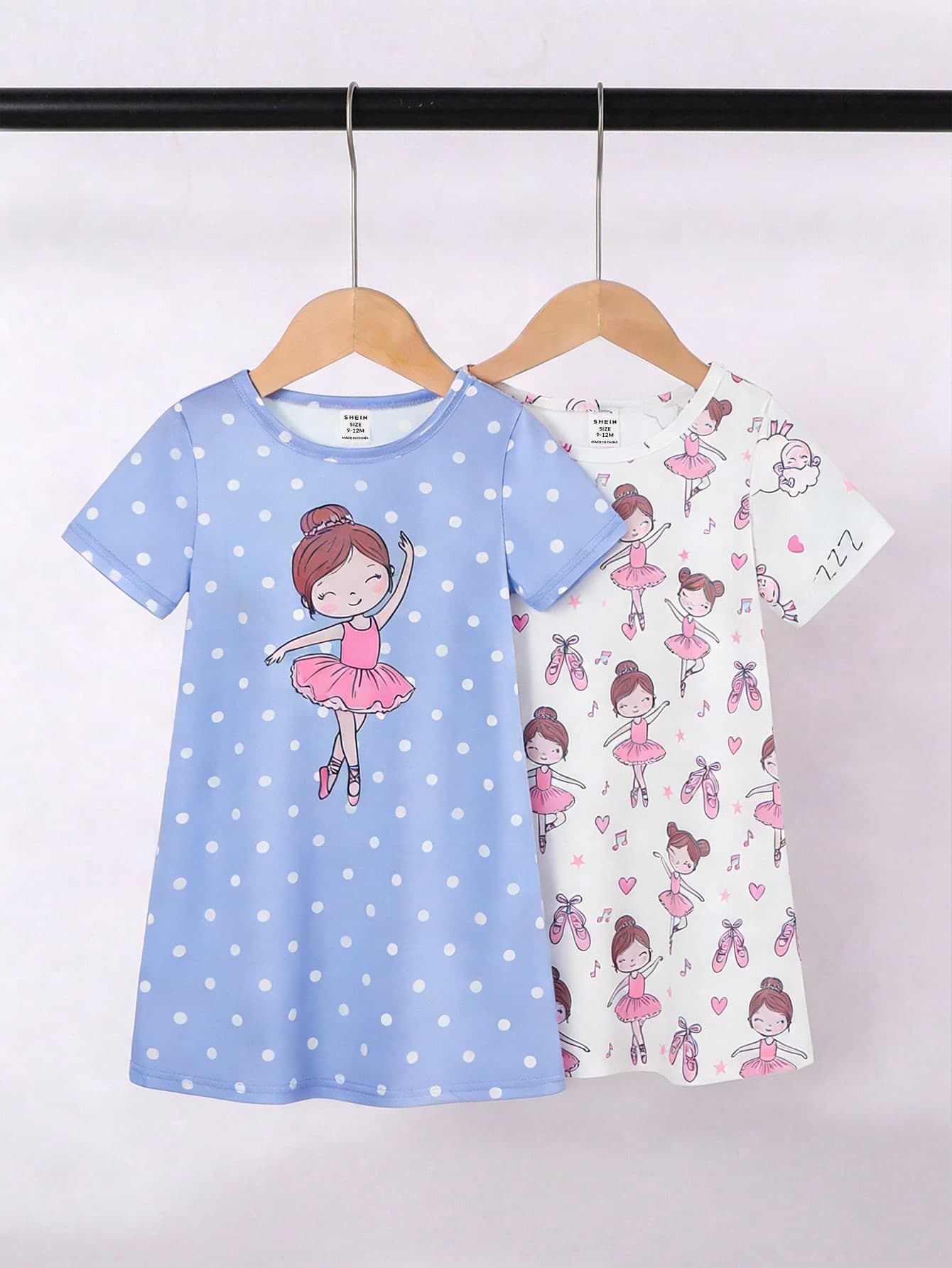 2 Pieces/Set Baby Girl Cartoon Ballet Print Short Sleeve Pajama Dress,Blue And White,Summer,Cute,Holiday Girly Style Loungewear Comfortable Outfit
