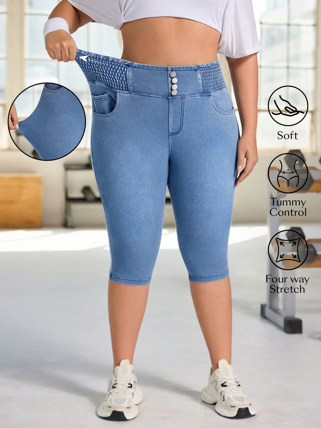 Flexra Plus Size Women Street Casual Lightweight Sports Denim Capri Skinny Pants