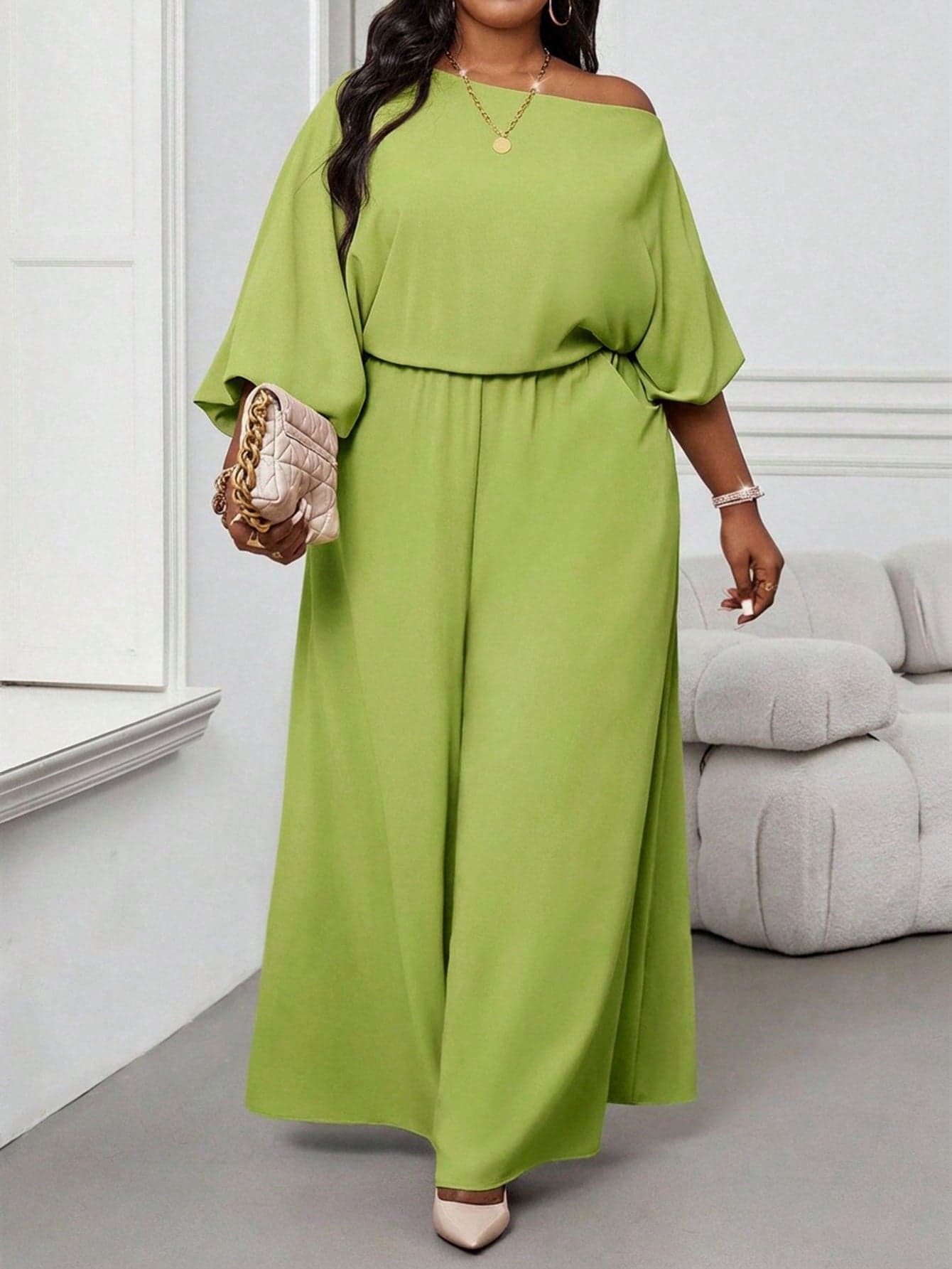 SHEIN Lady Plus Size Elegant Olive Green Summer 2 Pieces Sets Women, Off The Shoulder Bishop Sleeve Wide Leg Pants Set, Vintage Work Office Vacation Outfits