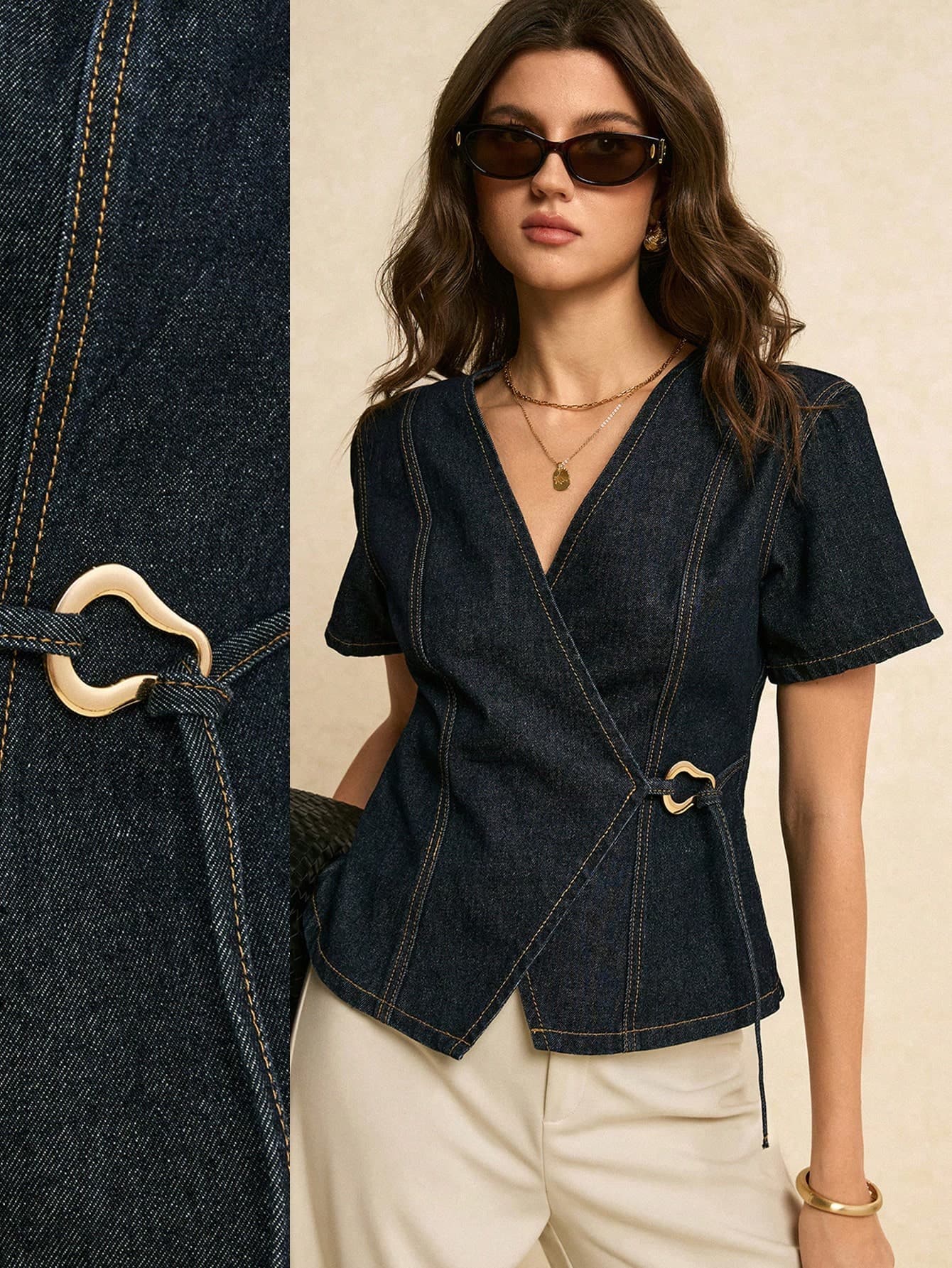 Poéselle Women's Navy Blue Denim Wrap-Style Short-Sleeved Top With Metallic Embellishments,V-Neck Fitted Elegant Blouses For Summer,Casual Brunch Party Tops