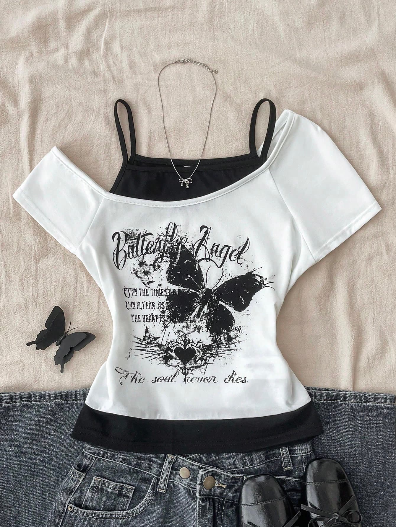 Teen Girls Casual Retro Print 2 In 1 Short Sleeve T-Shirt, Cute Tops For Teen Girls Summer, Teen Girl Casual Tops, Teen Girl Clothes Top