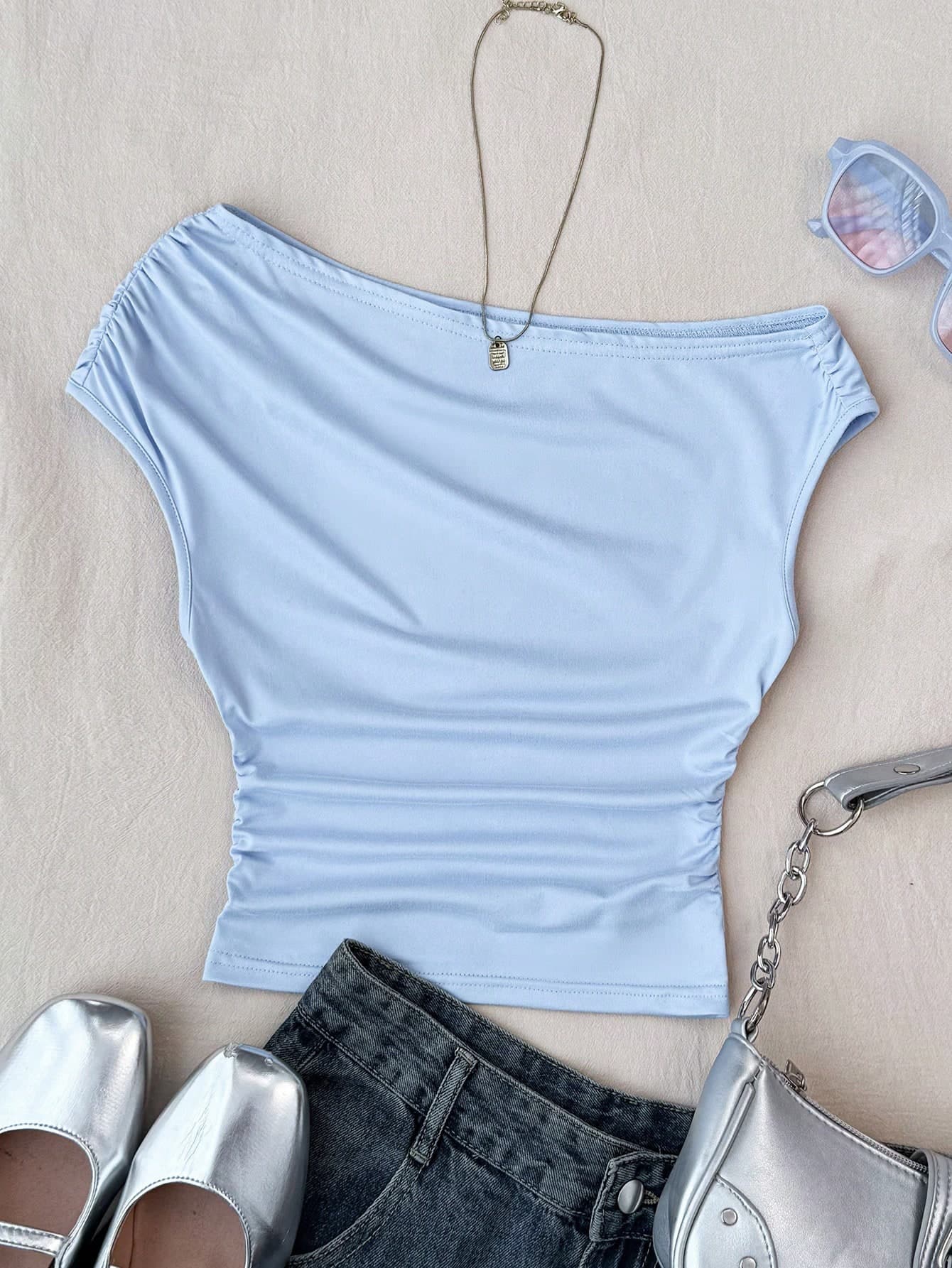 Teen Girls' Light Blue Summer Y2k Party Knit Casual Polka Dot Print Asymmetric Ruched Cropped Top,Personalized Daily Wear Minimalist White Top