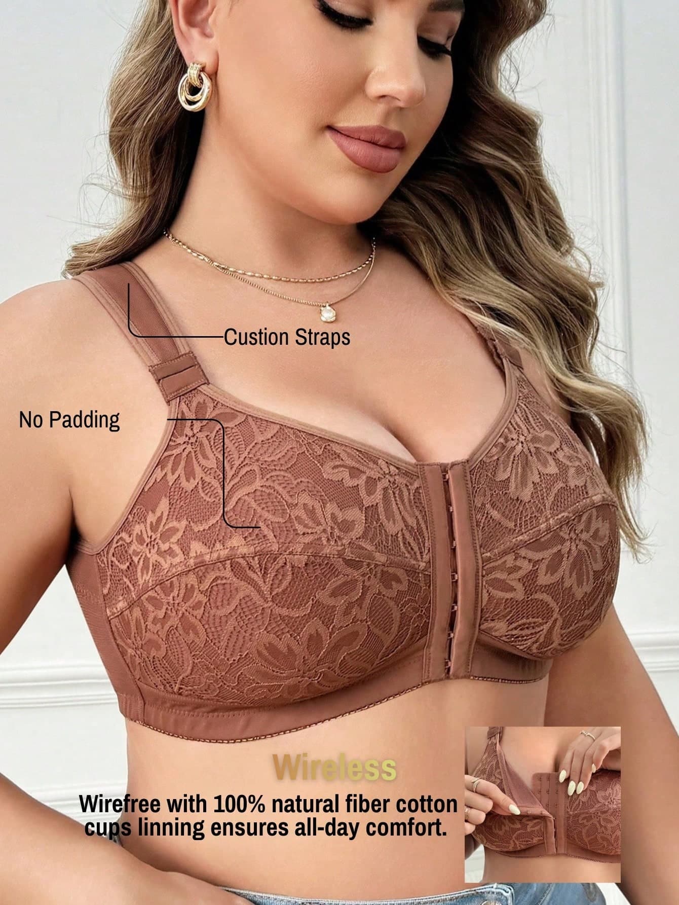 DesireSculpt 1pc Elegant & Comfortable Lace Patchwork Front Closure Plus Size Bra, Adjustable Shoulder Straps