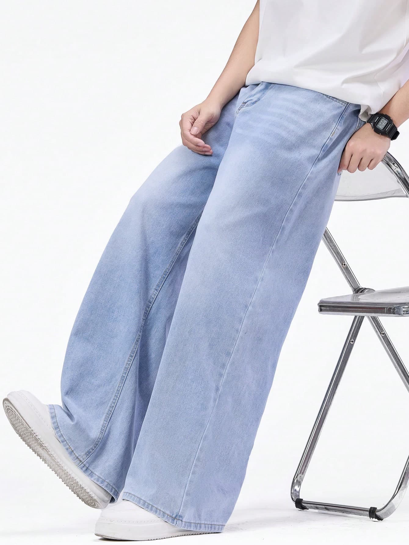 SHEIN Mirajuku Casual Loose Fit Straight Leg Washed Gray Jeans, Versatile For Teens And Young Men, All Season