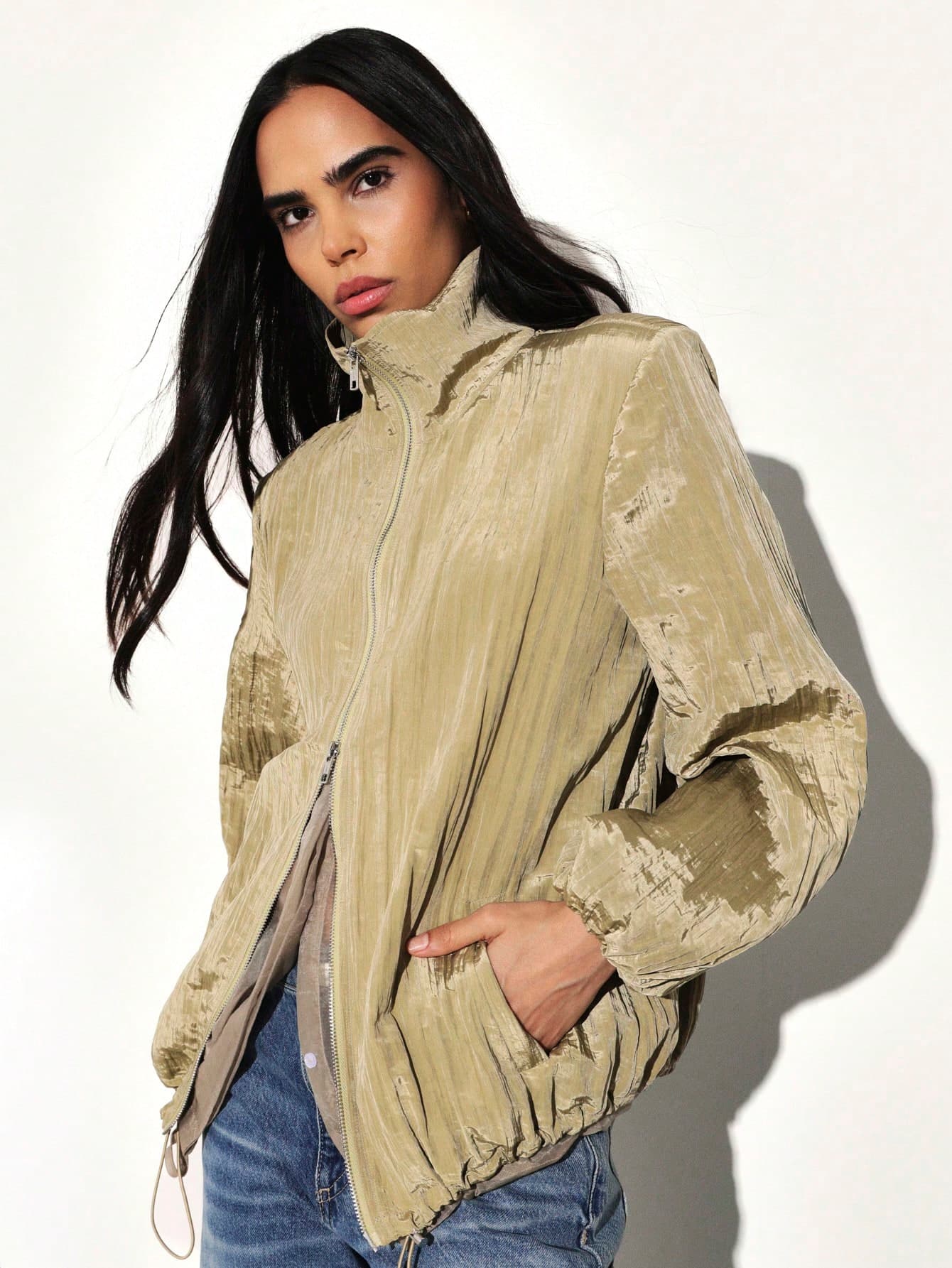 KSTM Metallic Gold Pleated Light Bomber Jacket For Women Fall Winter Fashion Zip Up Track Style Cropped Outerwear