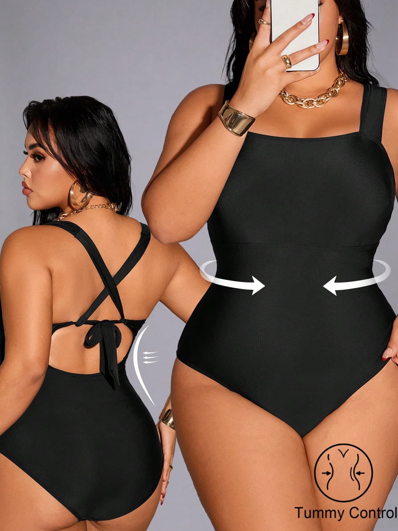 Shapewave Casual Plain Knitted Fabric Long Plus Size Tummy Control One Piece Swimwear