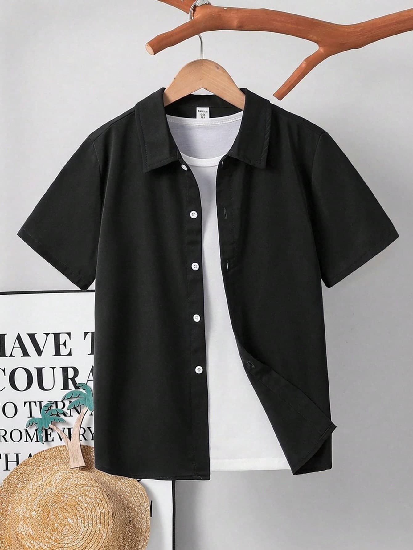 SHEIN Boys' Casual Comfortable Contrast Color Short Sleeve Shirt,Kids
