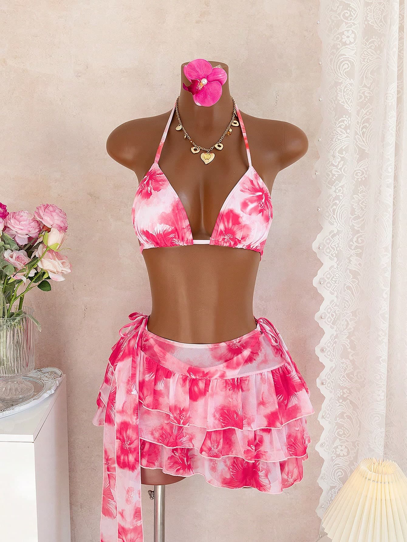 Bellisia Summer Vacation Floral Watercolor Print Halter Neck Bikini Top, Tie Side Bikini Bottom, And Wrap Skirt 3-Piece Swimwear Set