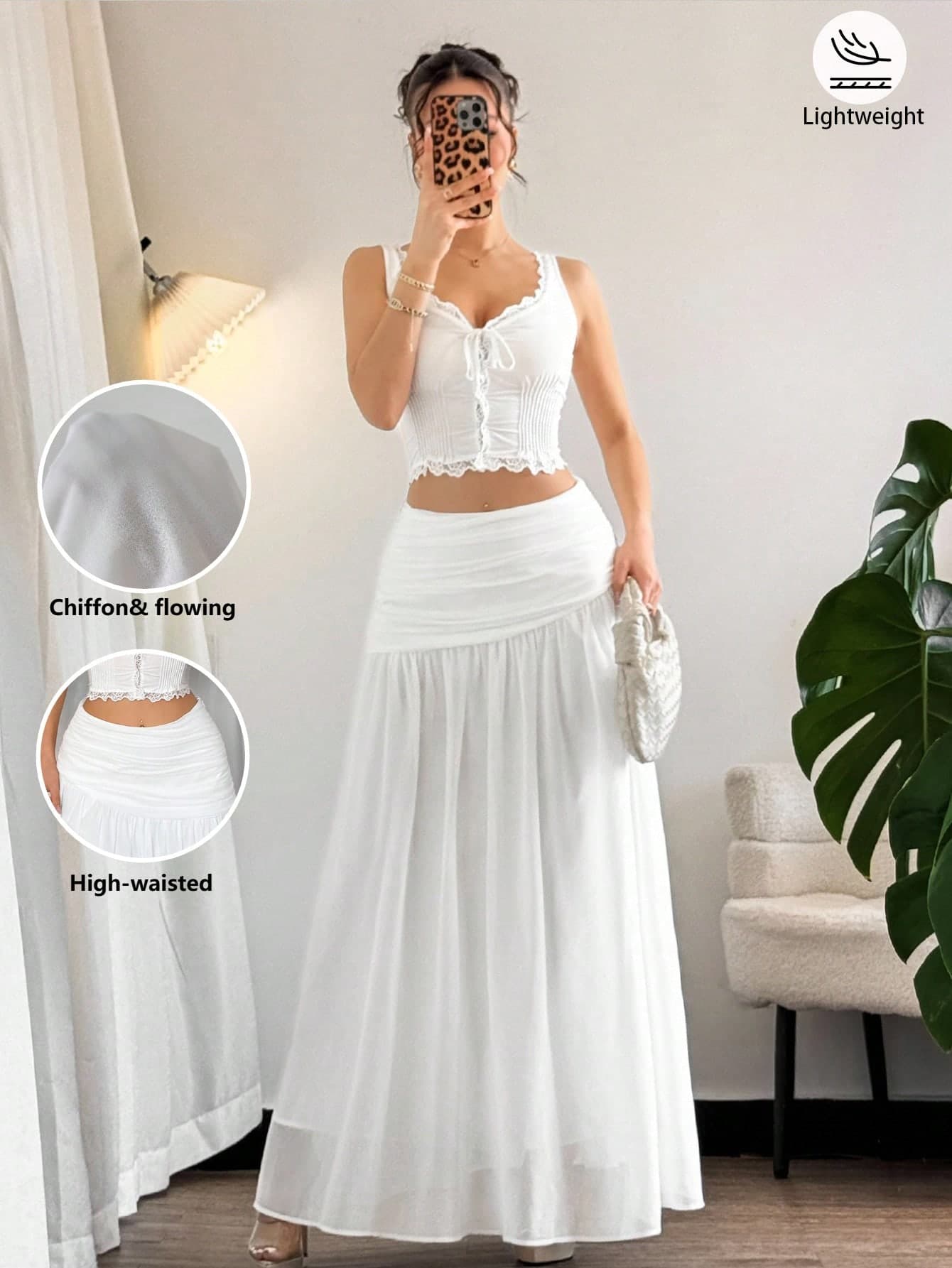 Firerie Women's Elegant Minimalist White Chiffon Asymmetric Zipper Pleated A-Line Long Skirt, Suitable For Summer, Beach, Vacation, Casual Commute Wear
