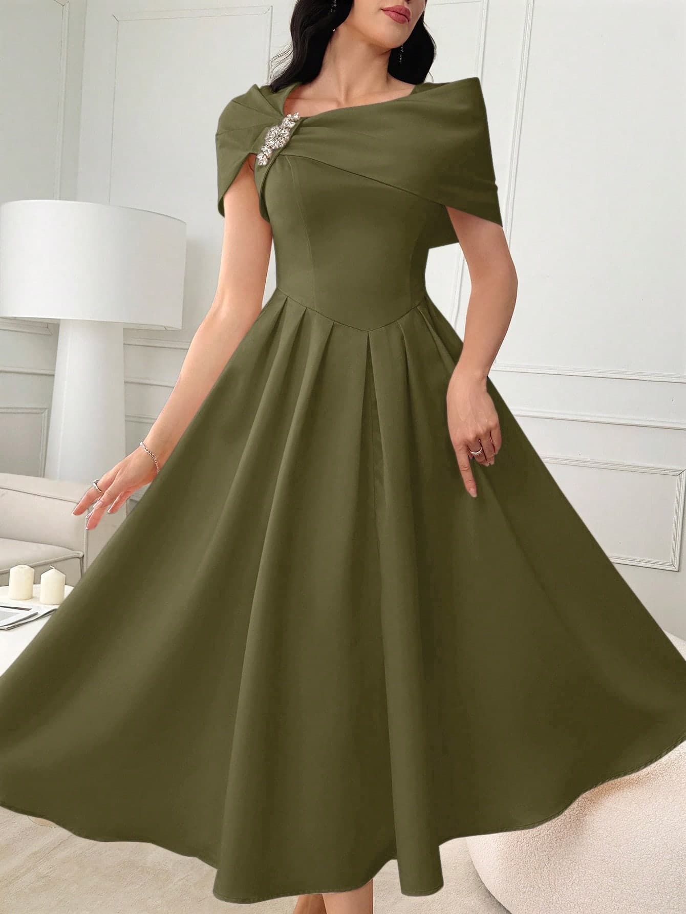 Modelyn Women's Solid Color Rhinestone Decor Asymmetric Neckline Elegant Dress,Summer Dresses For Women