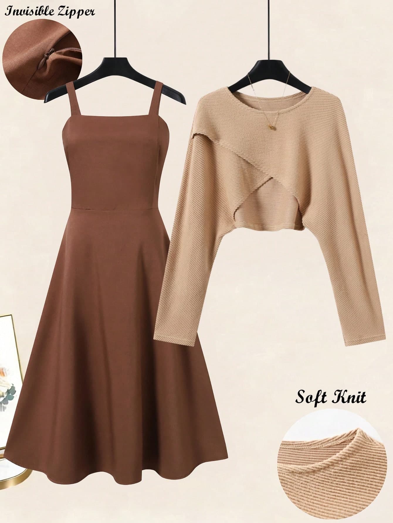 GlowEve Women 2-Piece Set Asymmetric Hem Knit Pullover Top & Cinched Waist A-Line Dress, Elegant, Autumn, Brunch, All Shades Of Brown, French Chic Vintage Fashion