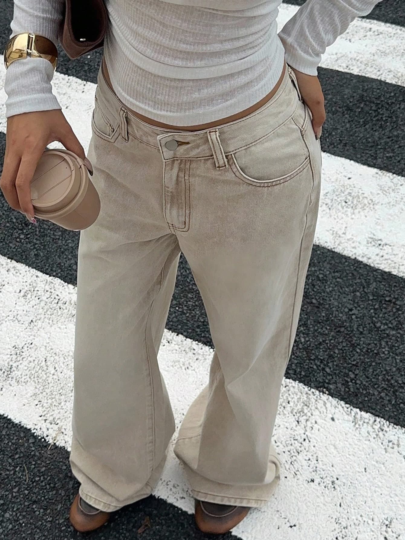 Teen Girl Fashion Casual Y2k Vintage Cool Street Returns To School College Simple And Comfortable Urban Khaki Loose Jeans Dailwear Winter And Fall Rave Festival And Streetwear