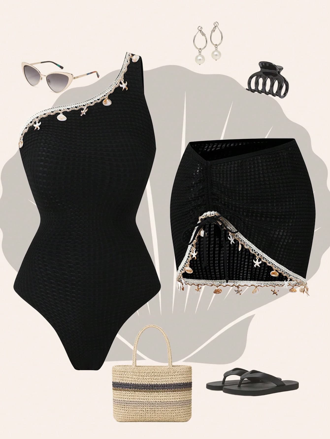 Swim Oasis 2pcs/Set Women's One-Piece Swimsuit,Black Summer Tropical Holiday Beach Vacation Club Dress,Halter Neck Skirt,Sexy