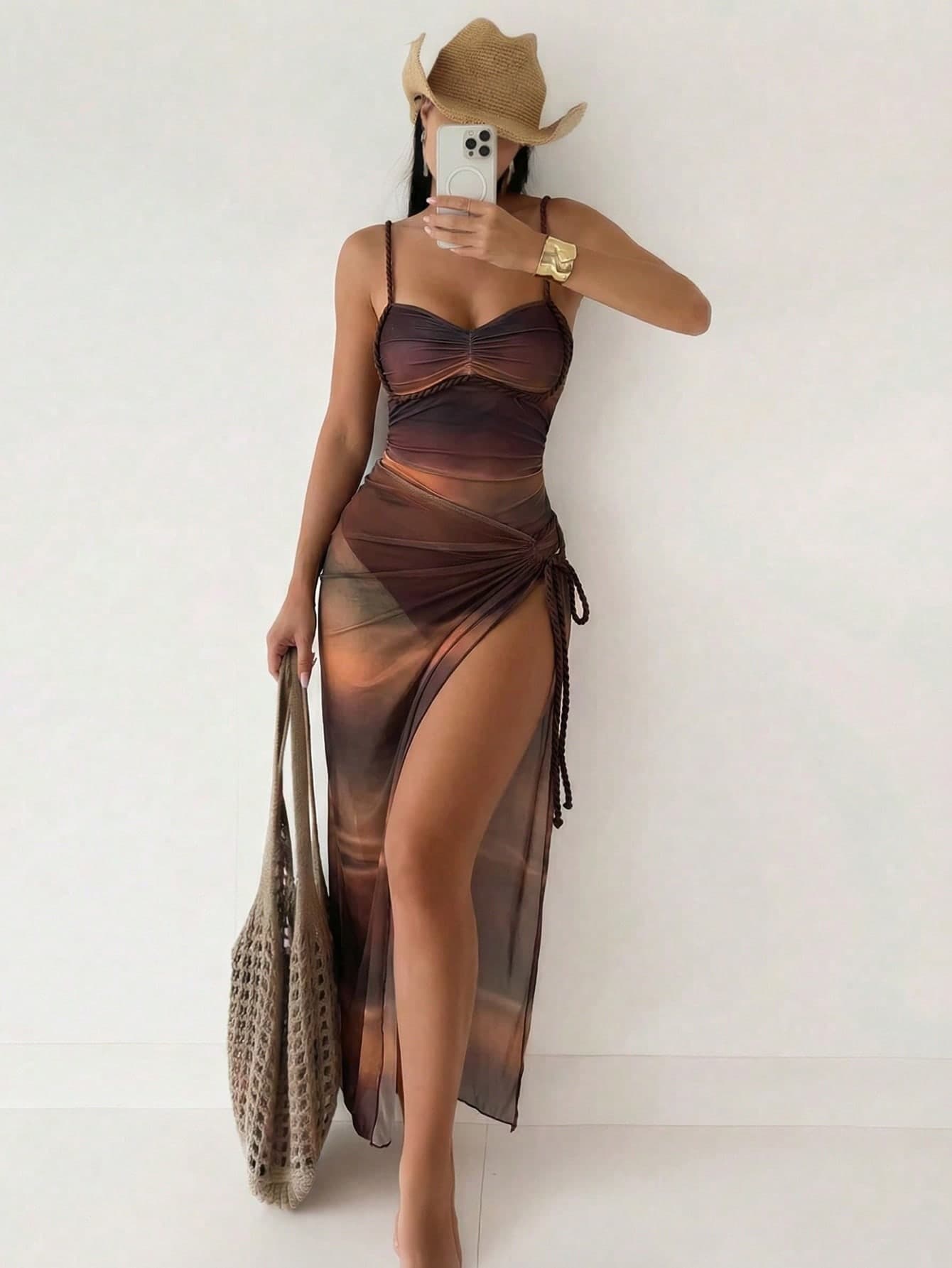 Costavie Women's Ombre Digital Print One-Piece Swimsuit With Braided Strap,Ombre Mesh Skirt,Dark Beige,Summer,Casual,Holiday,Vacation,Holiday Set
