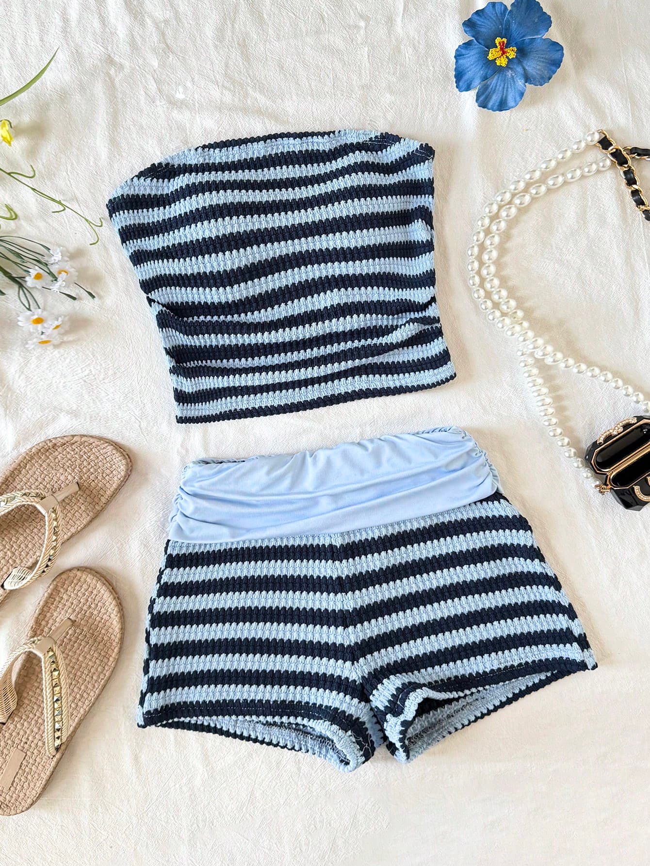 SHEIN Tween Girl Casual Minimalist Comfortable Striped Tank Top & Shorts Set Tween Girl