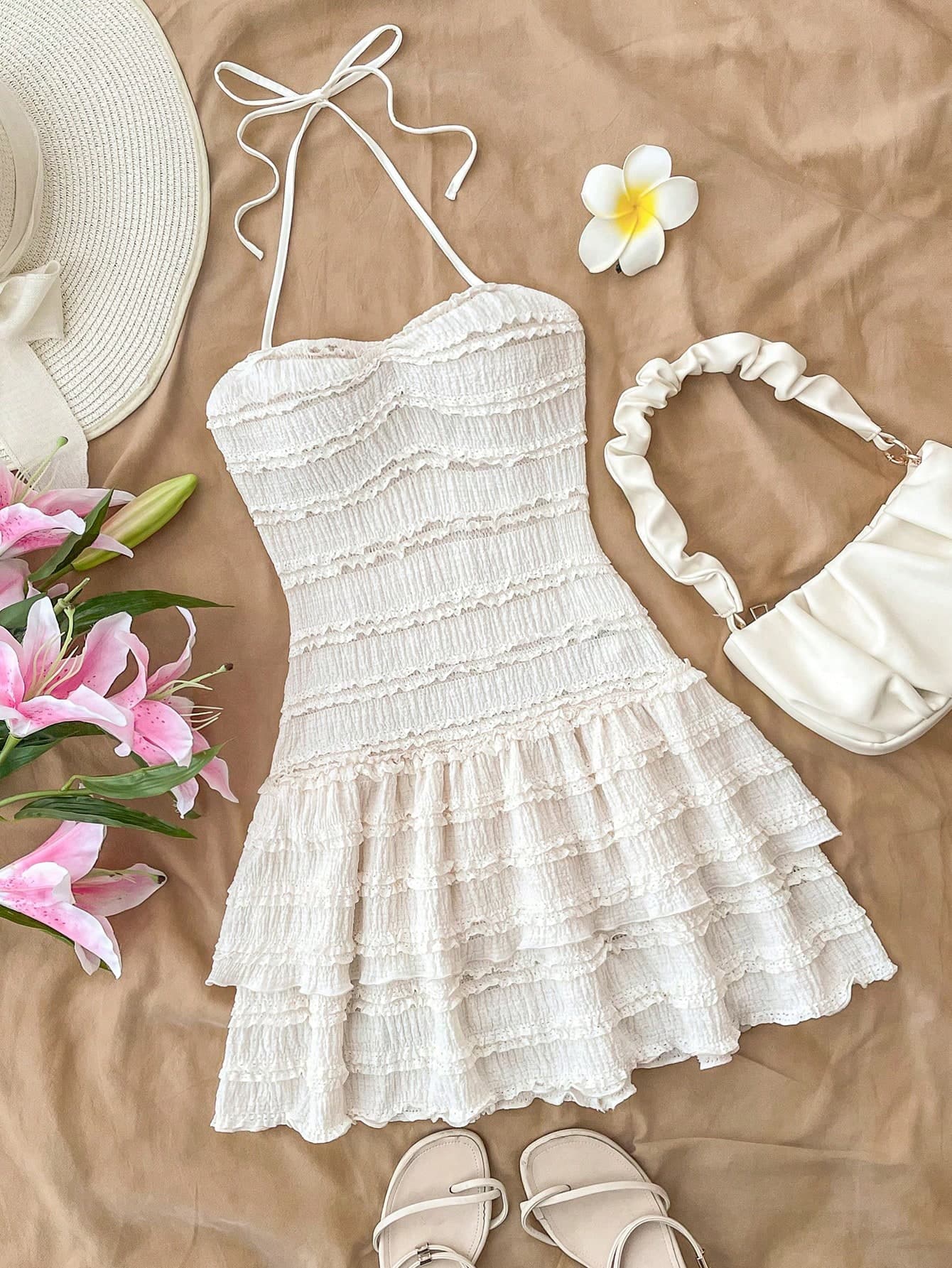 Kids Summer Tween Girls Sleeveless Textured Solid Color Spaghetti Strap Backless Layered Ruffle Hem Mini Dress,White Cute
