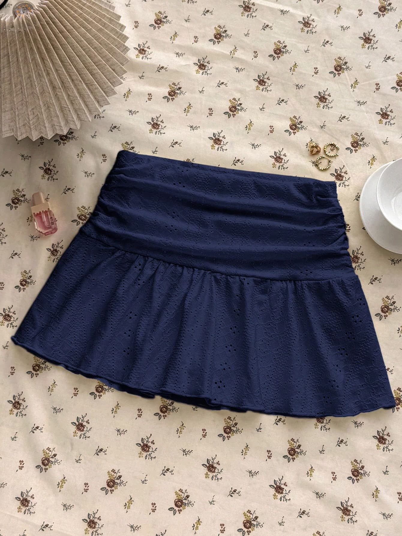 Teen Girls Summer Navy Blue Knit Casual Hollow Textured Ruched A-Line Mini Skirt,Fairy Versatile School Girl Sports Skirts For Women And Ladies