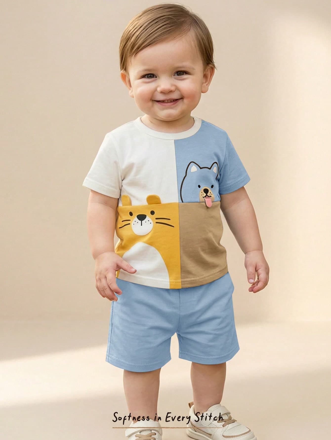 Cozy Pixies 2pcs Baby Boy Cartoon Animal Print Soft Knit Contrast Color Round Neck Short Sleeve Top And Elastic Waist Pants Set,Kids