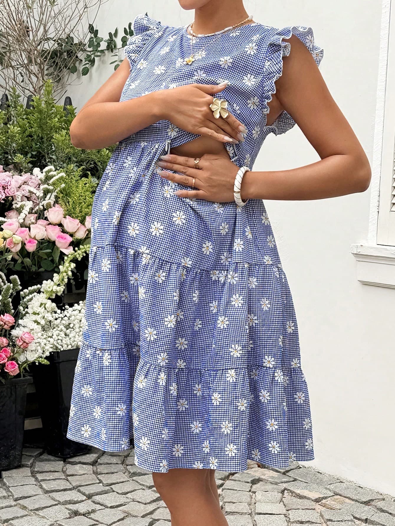 Lyckli Maternity & Nursing Plaid & Ditsy Floral Ruffle Hem Dress, Suitable For Summer Vacation Outfits Daisy Short Sleeve Pregnancy Photoshoot Blue