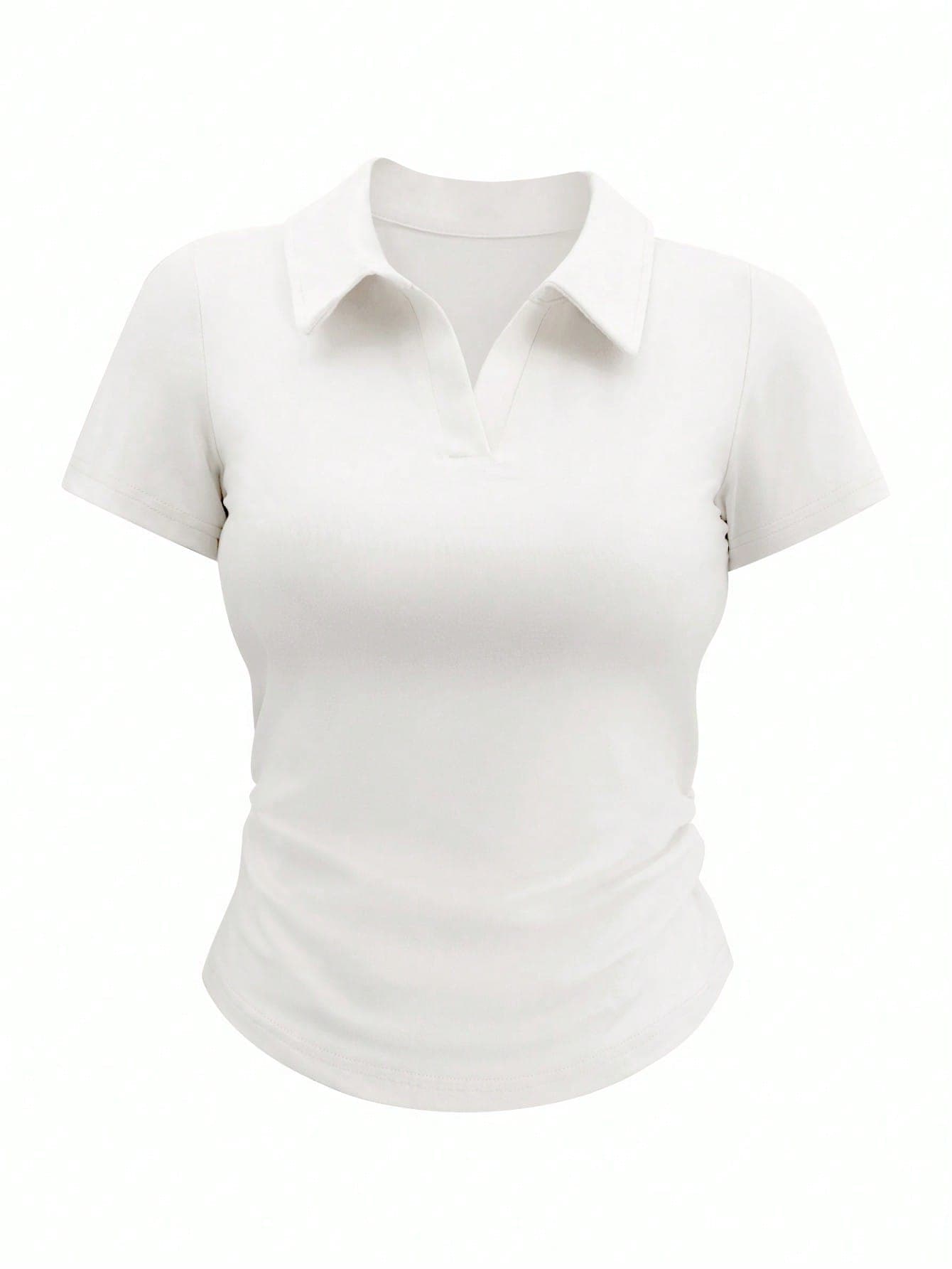 Franclia Women's Solid Color Collared Short Sleeve Pleated Slim Casual T-Shirt