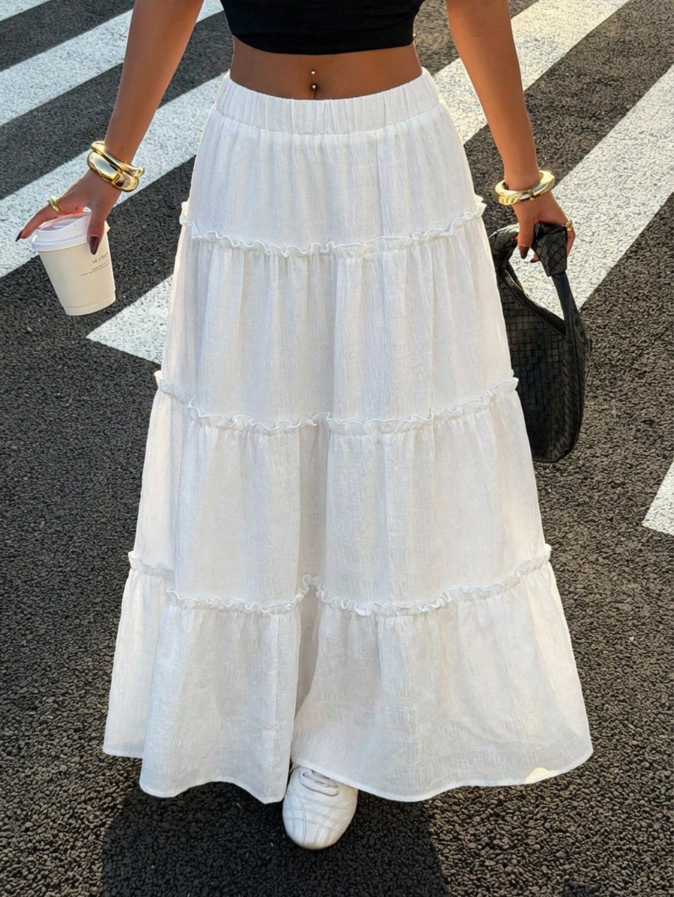 Muchica White Summer Boho Vacation Holiday Casual Chiffon Multi-Tiered Cake Skirt With Ruffles And Multiple Pleats,Cute Girly Style Beach Skirt For Women