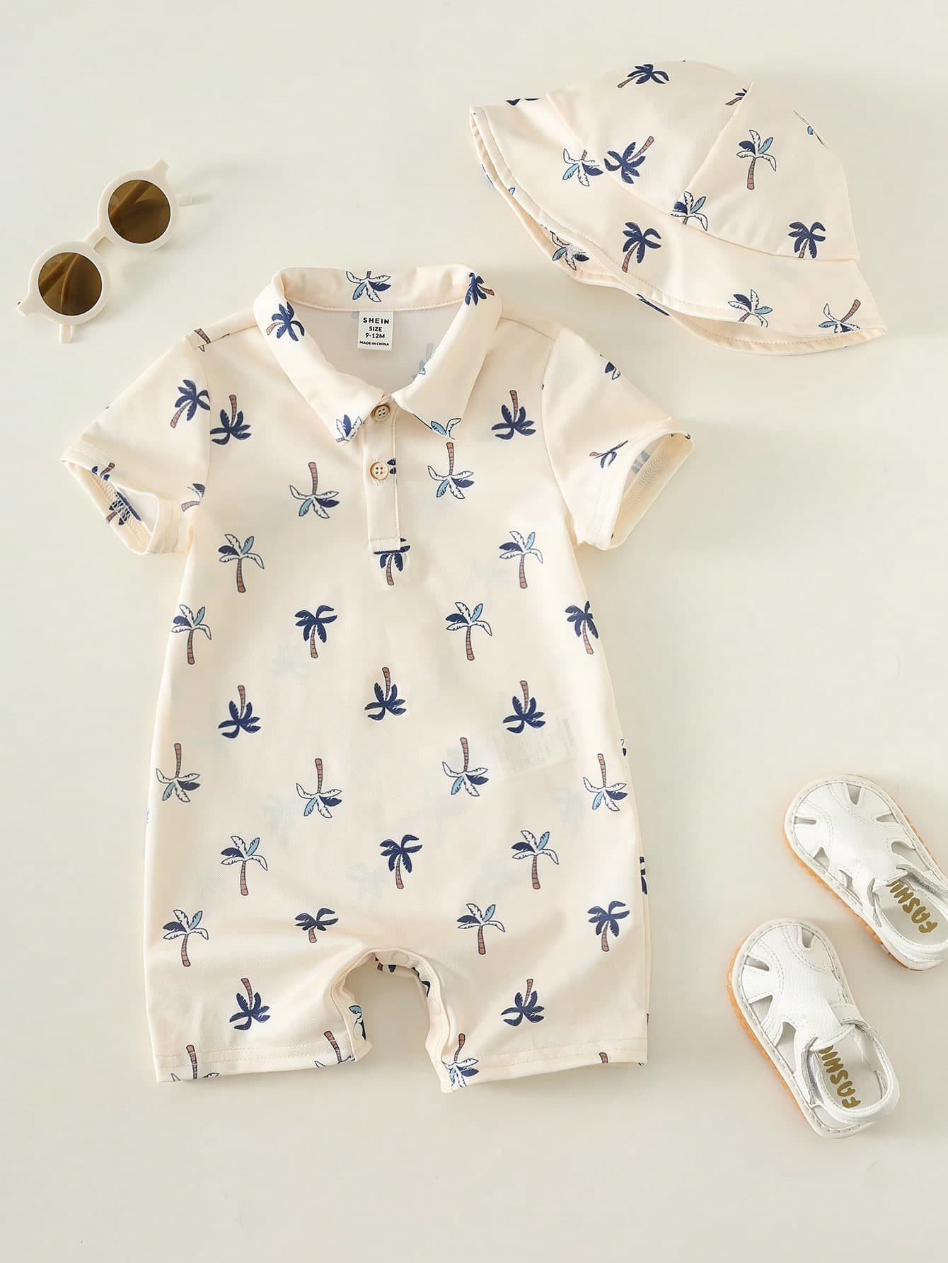 SHEIN 2pcs/Set Newborn Unisex Baby Boy/Girl Summer Casual Cute Vacation Coconut Tree Print Romper & Hat Set