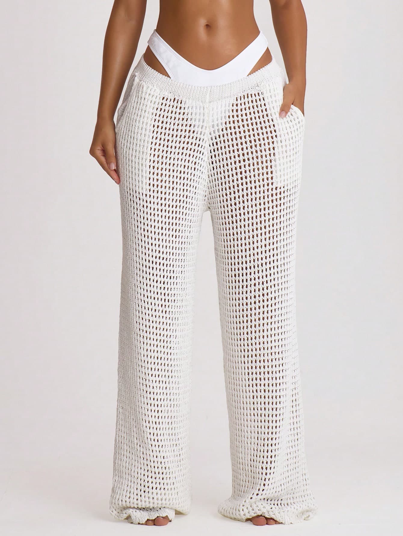Musera Resort Crochet Knit Wide Leg Cover Up Trousers Swim Vacation Holiday Summer Travel Beachwear Basics Hen Do Wedding Bridal Bachelorette Solid Colour Core