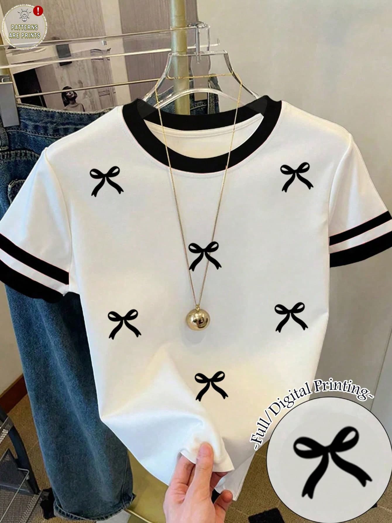 SHEIN Young Girl Bow Print Graphic Loose Casual Contrast Color Block Striped Round Neck T-Shirt,White Summer Back-To-School Clothes,Daily Wear School Top