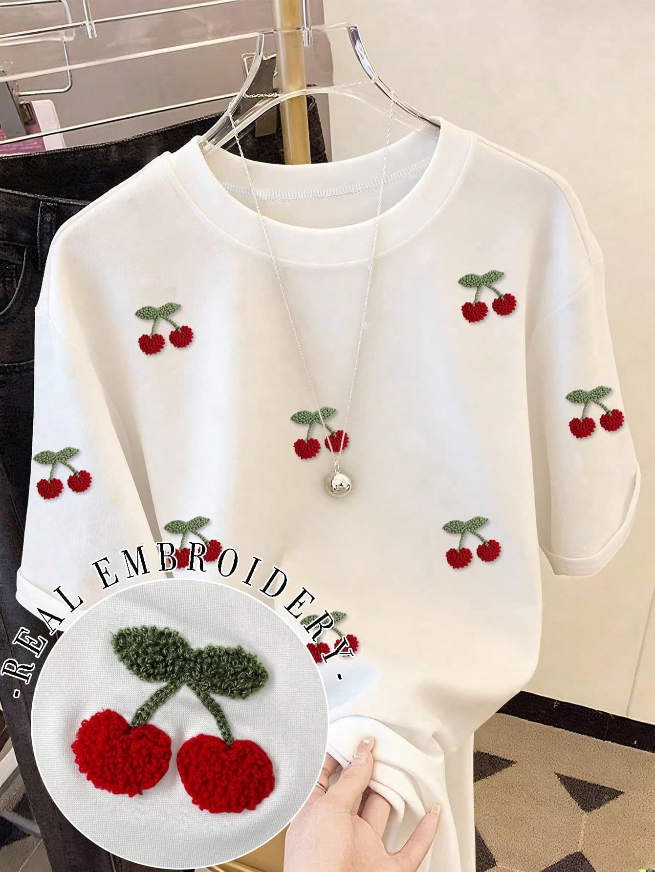 Resyla Women's Cute White Summer T-Shirt,Cherry Blossom Towel Embroidered Round Neck Dropped Shoulder Tee,Casual Comfortable Fruit Picnic All Season Top