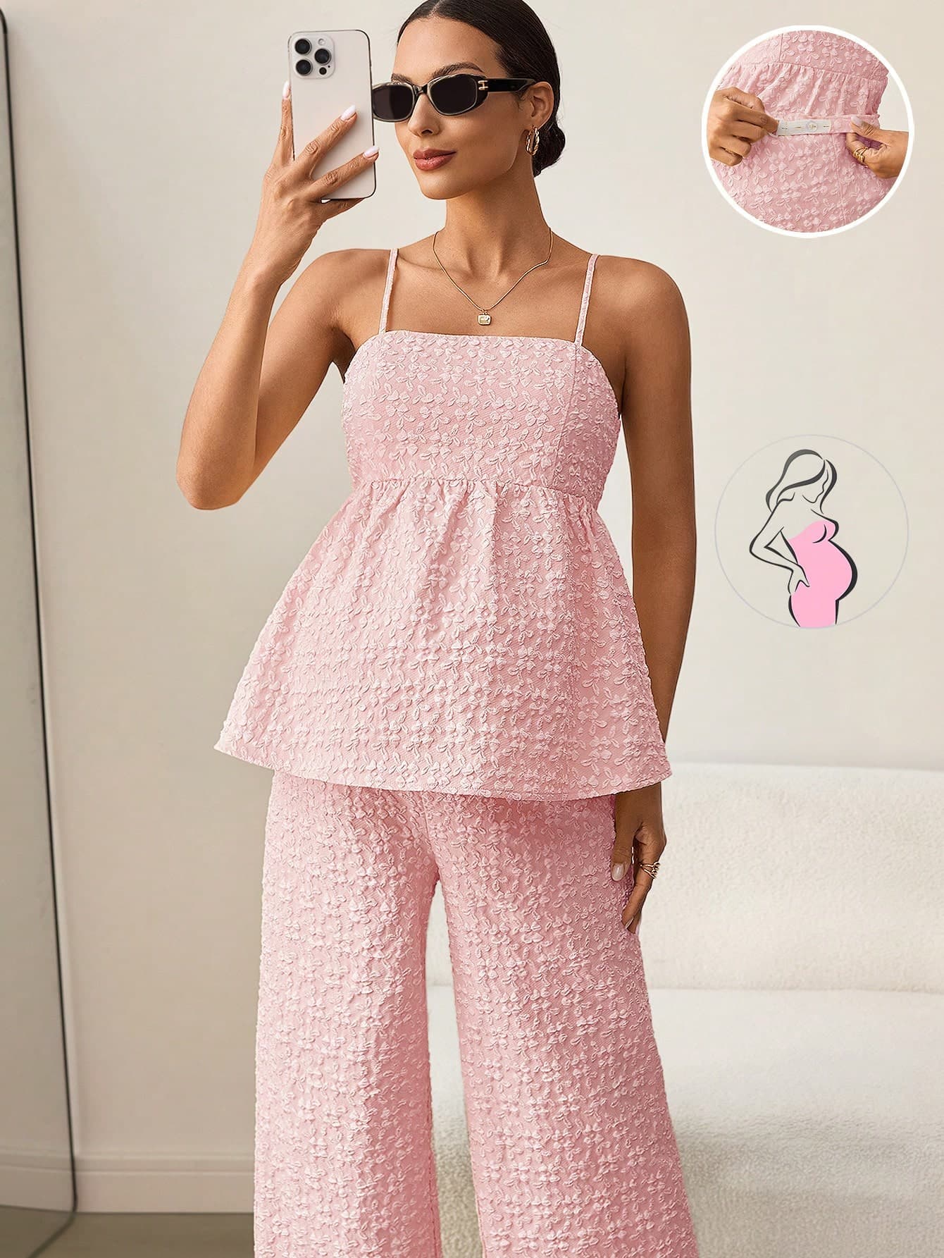 MaterniWear 2pcs Maternity Jacquard Ruffle Hem Camisole And Adjustable Waist Wide Leg Pants Set