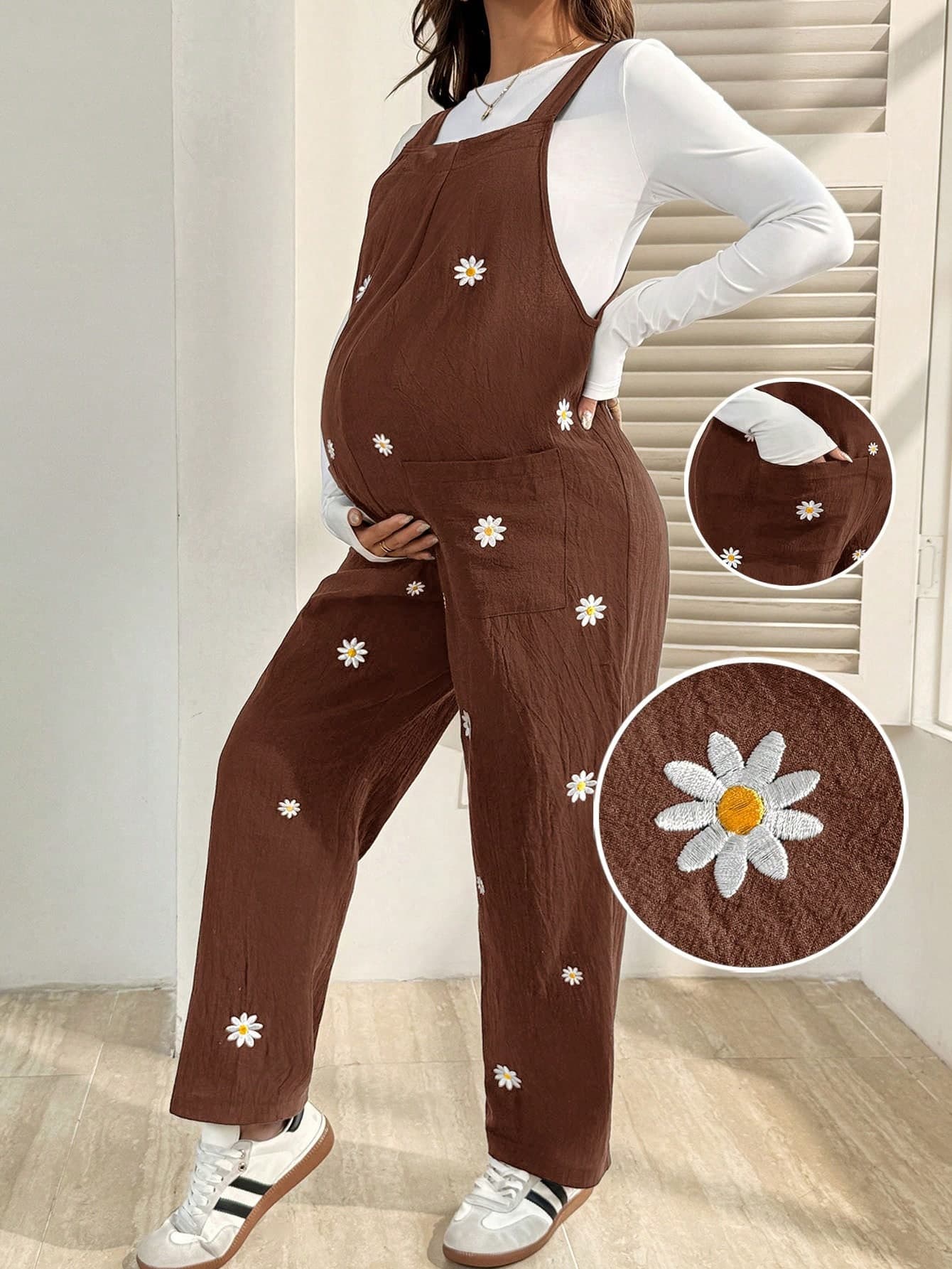 SHEIN Pregnant Women Floral Embroidery Pocket Casual Versatile Daily Wear Bib Overall Pants