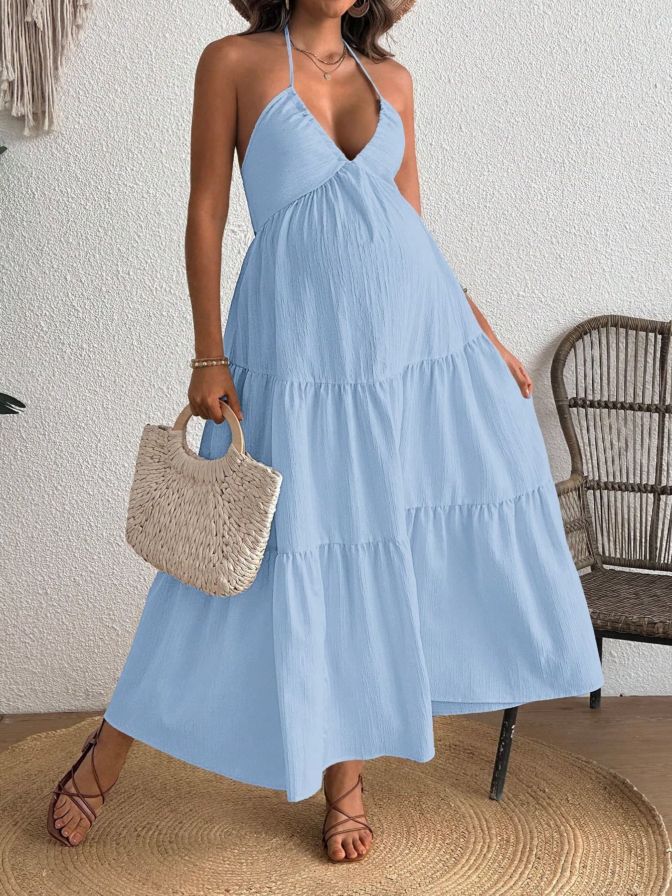 SHEIN Vacation Casual Solid Color Halter Backless Dress For Pregnant Women