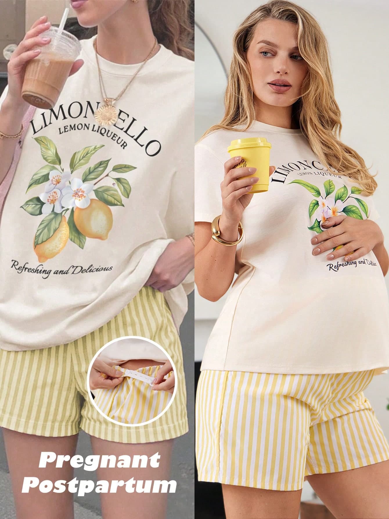 SHEIN 2pcs Maternity Casual Lemon Print T-Shirt & Striped Shorts Set Sets Summer 2 Pieces Woman Matching Lounge Clothes Two Suits Short