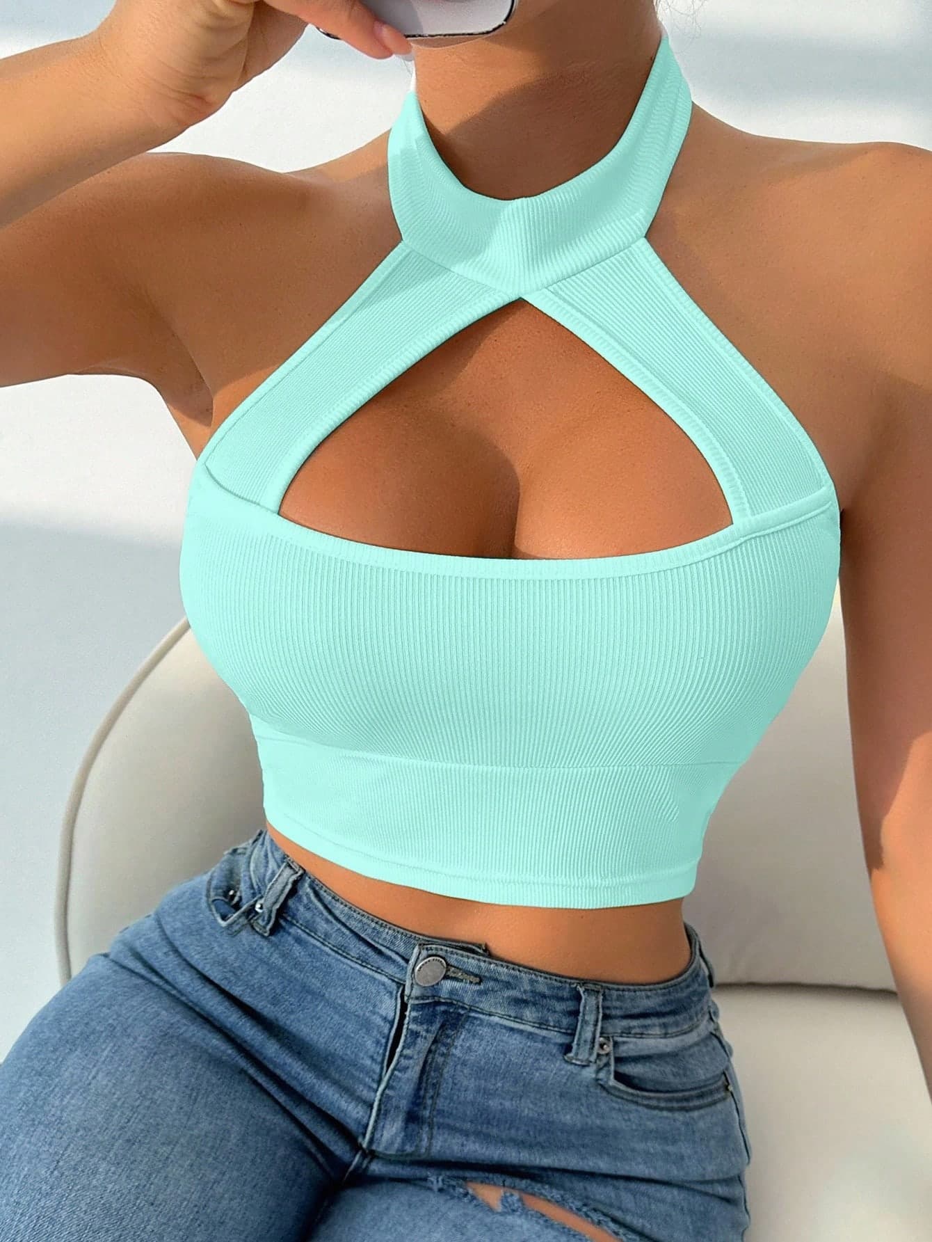 VaVaBold Women's Hollow Out Halter Neck Backless White Cropped Tank Top Sexy Tops For Women Summer Outfits , Festival Outfits , Summer Clothes