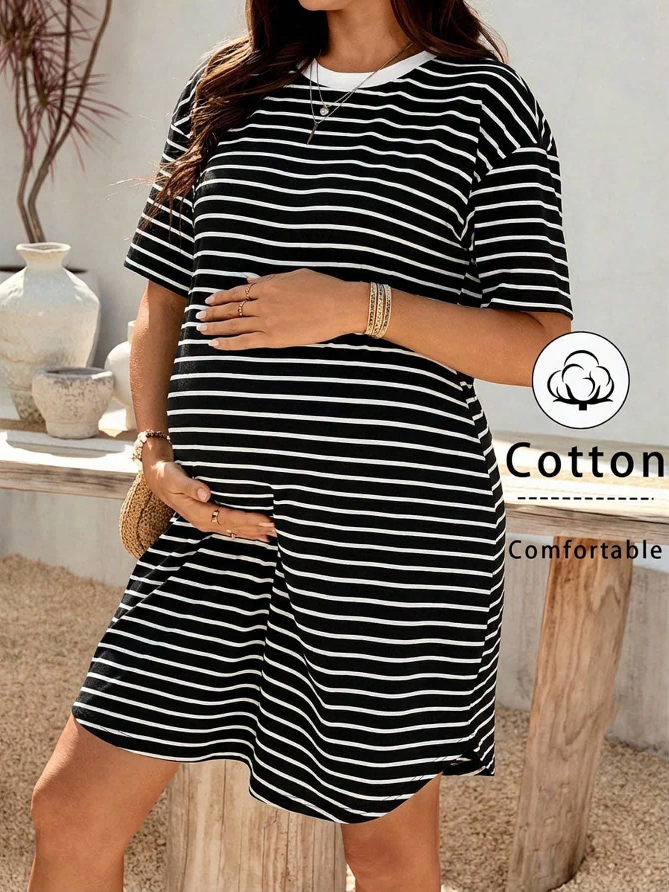 SHEIN Women's Black And White Striped Cotton Maternity Dress,Summer Casual Short Sleeve Round Neck Pregnancy Clothes For Party,Outing & Photoshoot