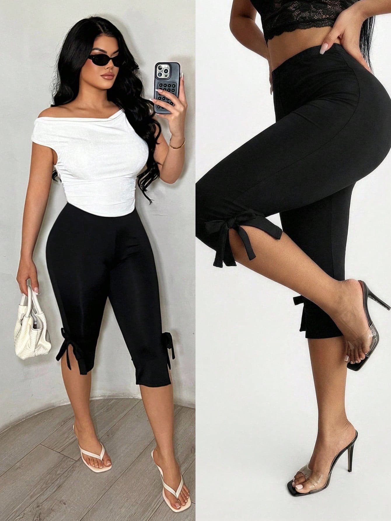 SHEIN SXY Women's Black Summer Basic Casual Gym Bow Decor Skinny Capri Leggings,Yoga Pants,Capri Cropped Workout Bottoms,Versatile Daily Wear Cute Bow Pants