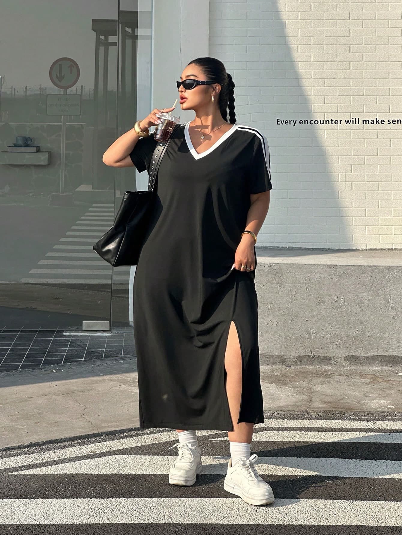 Muchica Plus Size Women's Casual Black And White Split Dress, Summer Long T Shirt Dress For Women Vacation