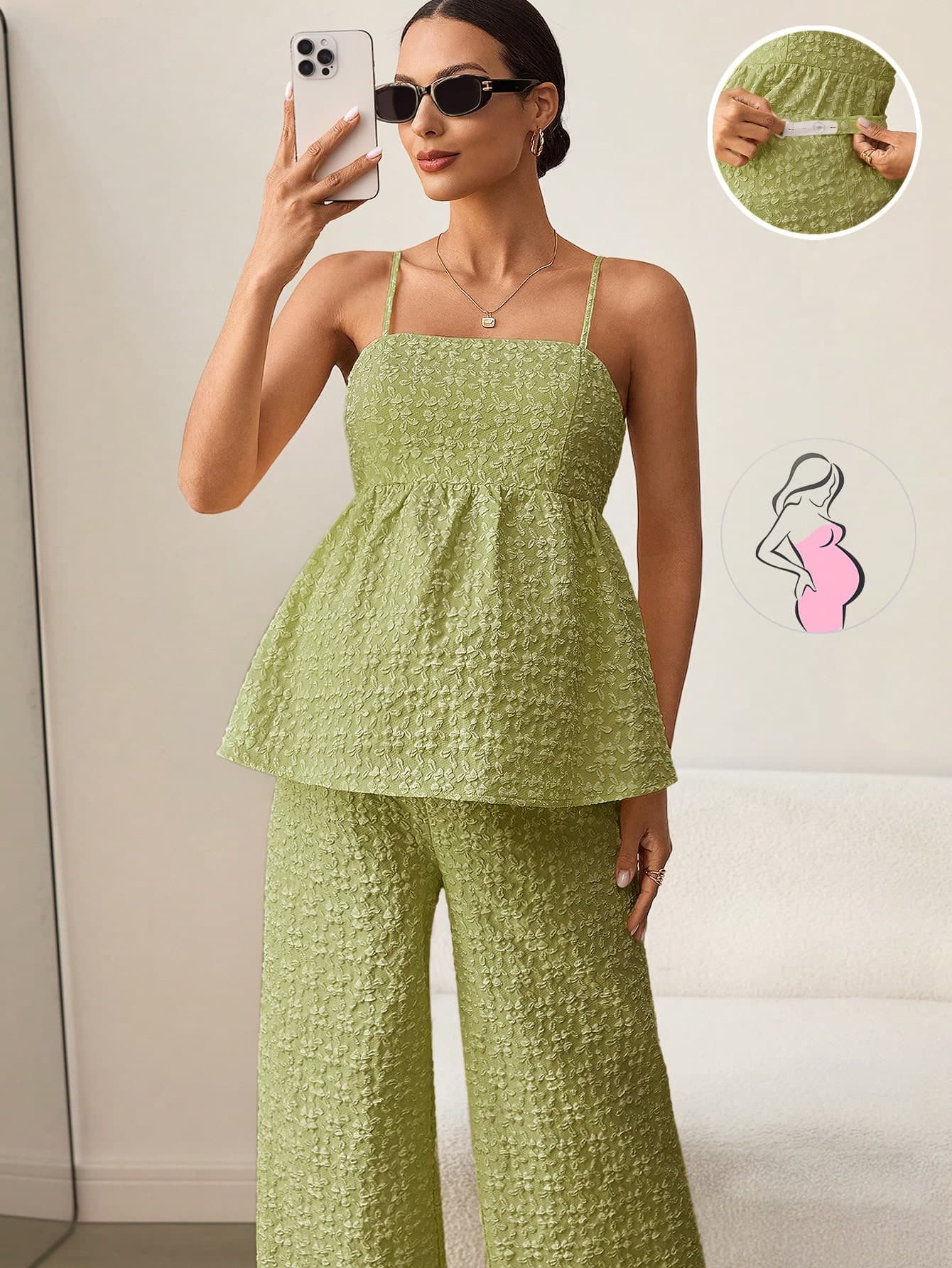 MaterniWear 2pcs Maternity Elegant Jacquard Camisole & Pants Set, Summer