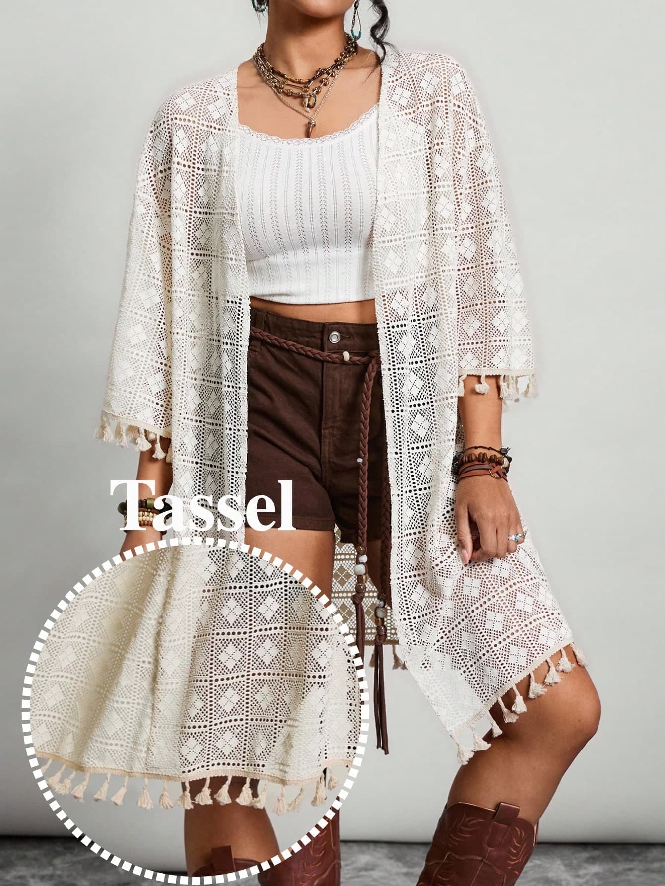 Freevana White Plus Size Kimono,Eclectic V-Neck 3/4 Sleeve Jacket,Geometric Lace Hollow-Out Top,Tassel Hem Beach Cover Up,Bachelorette Party,Concert,Holiday
