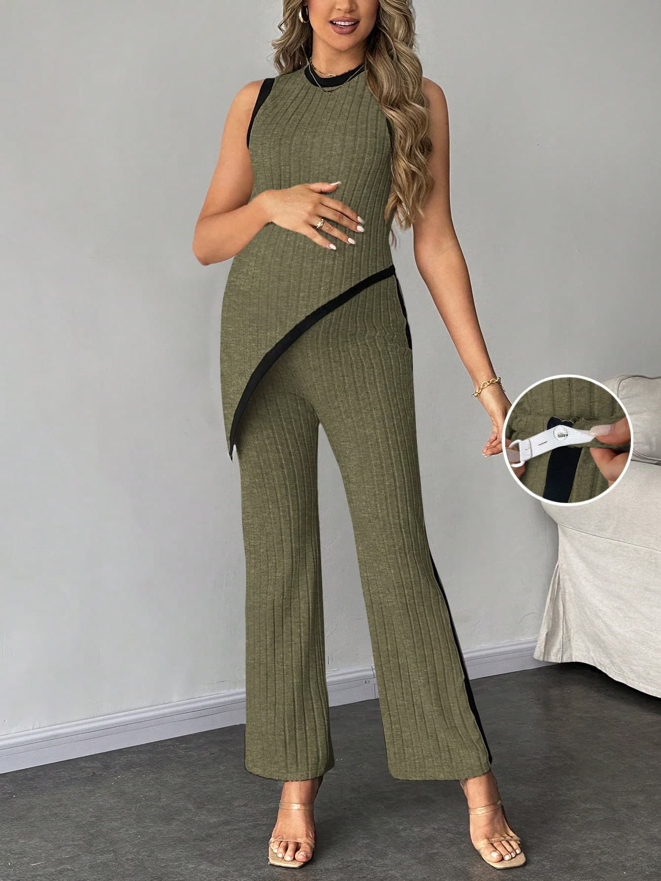 SHEIN 2pcs/Set Pregnant Women Patchwork Round Neck Asymmetrical Hem Top And Adjustable Waist Flared Pants, Casual Daily Wear