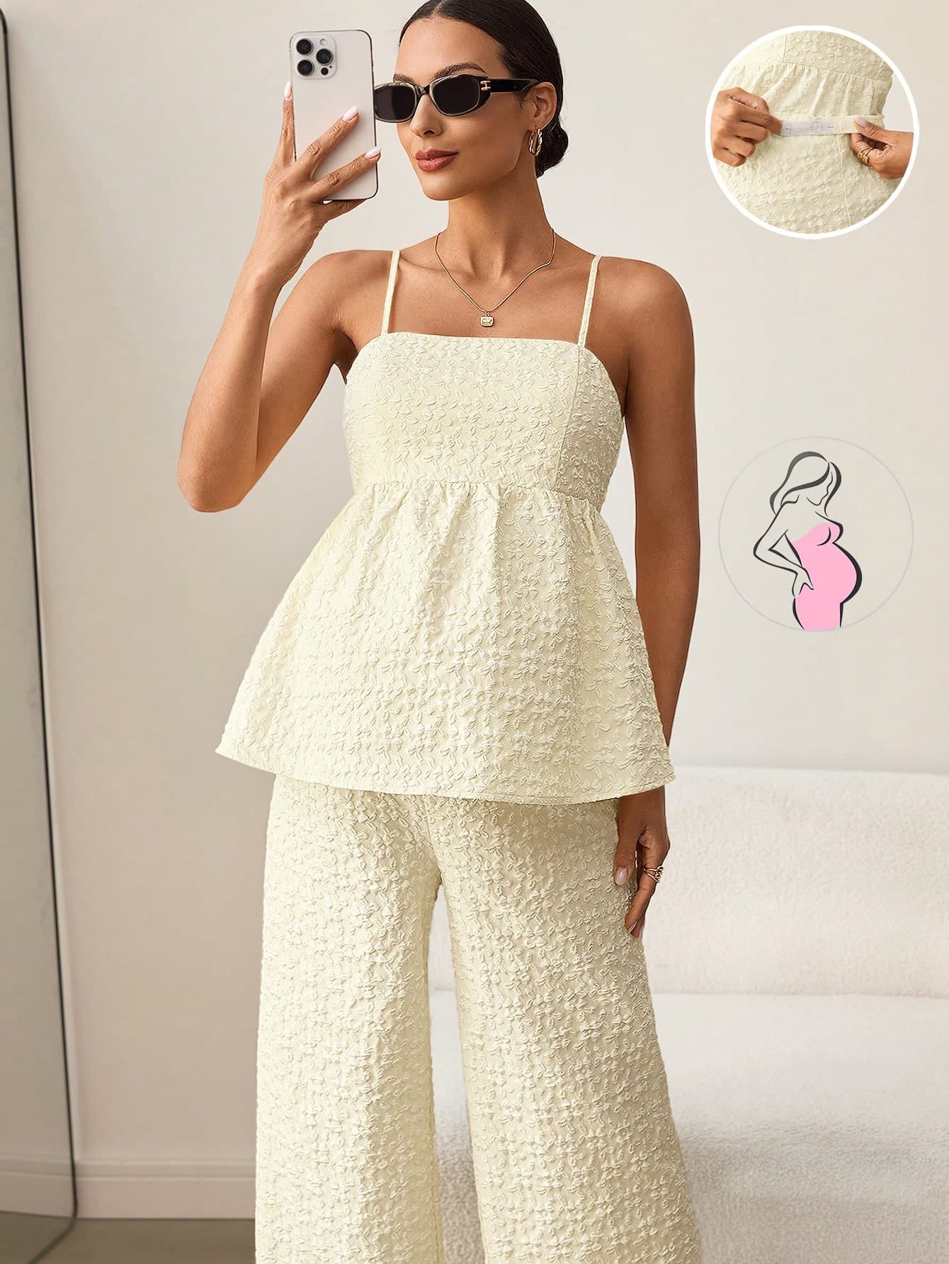 MaterniWear 2pcs Maternity Jacquard Camisole Top And Adjustable Waist Wide Leg Pants Casual Outfit