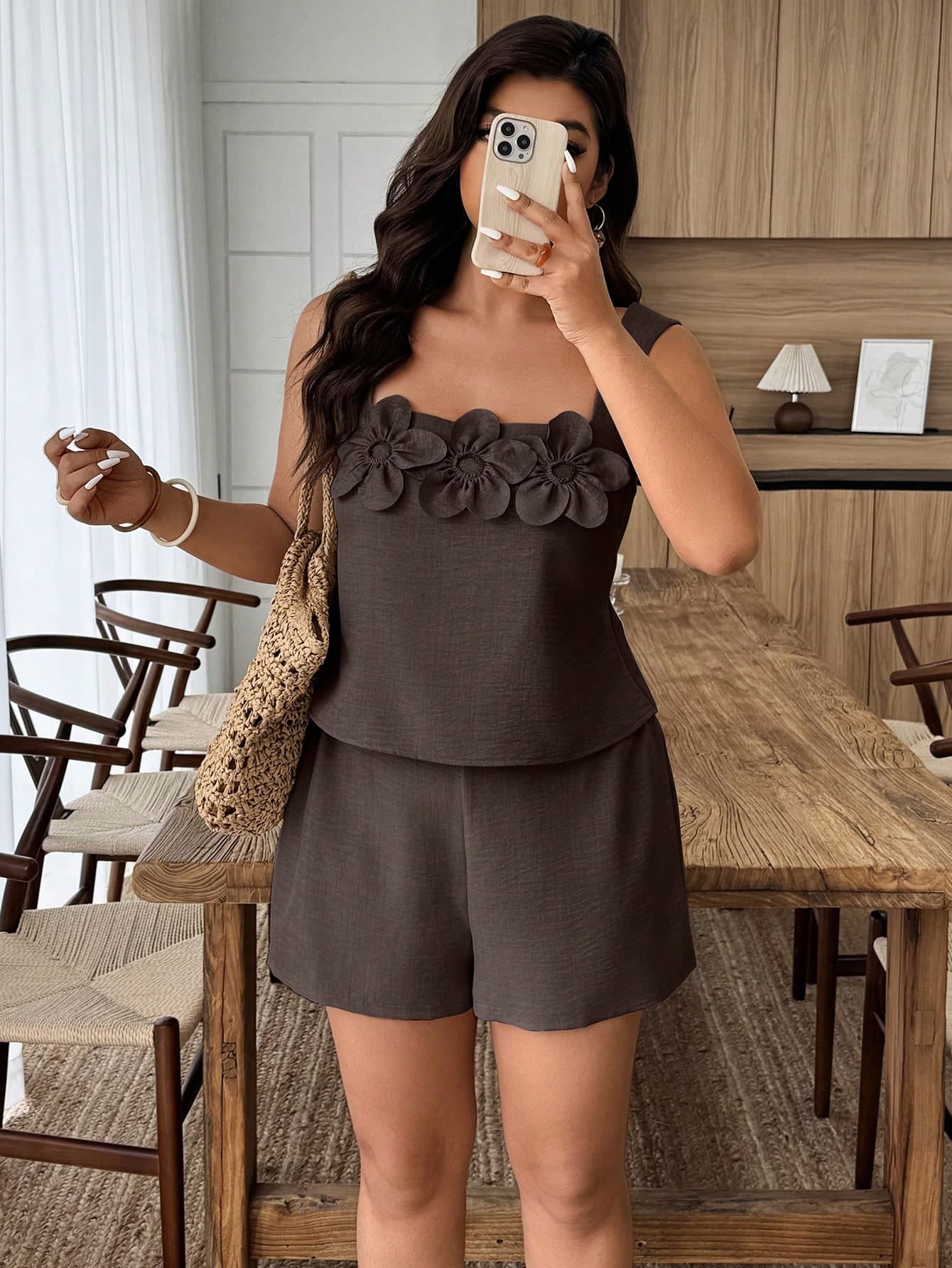 Weeklong Plus Size Women's Spring/Summer Square Neck Floral Decor Short Casual Outfit